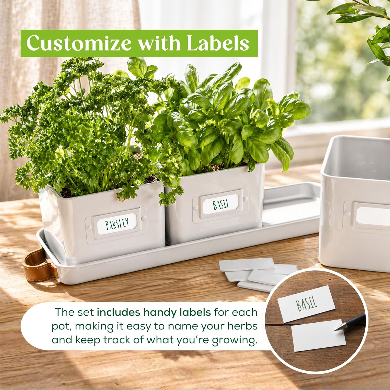 volila Herb Planter Indoor - Set of 3 Warmstone Indoor Herb Garden Pots for Plants with Leather Handled Tray - Window Sill Plant Shelf - Herb Pots with Drainage Holes and Labels image 5