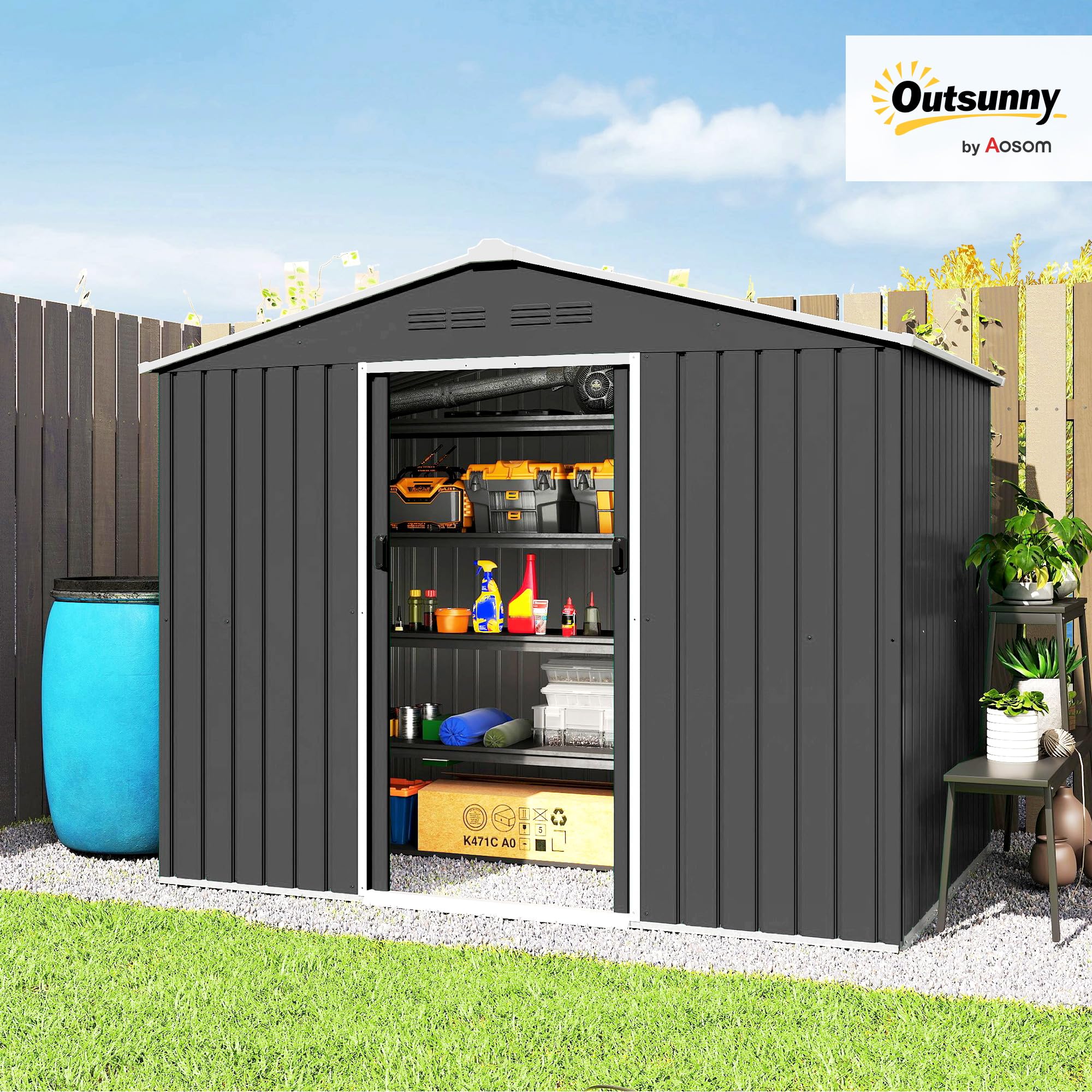 Outsunny Casetta da Giardino 3.6m² in Acciaio Zincato con Prese d'Aria, Capanno da Giardino con Doppia Porta Scorrevole Bloccabile e Tetto Inclinato, Capanno Porta Attrezzi da Esterno, Grigio Scuro