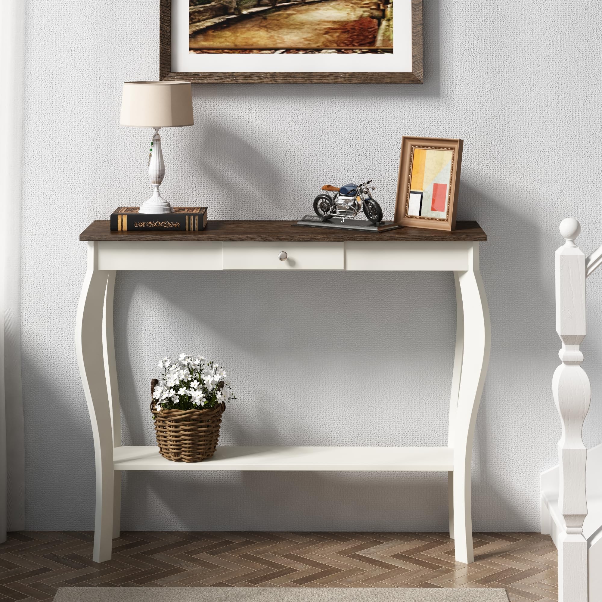 ChooChoo Narrow Farmhouse Console Table with Drawer, Chic Accent Sofa Entryway Table with Shelves for Entryway, Living Room, Hallway, Soft White