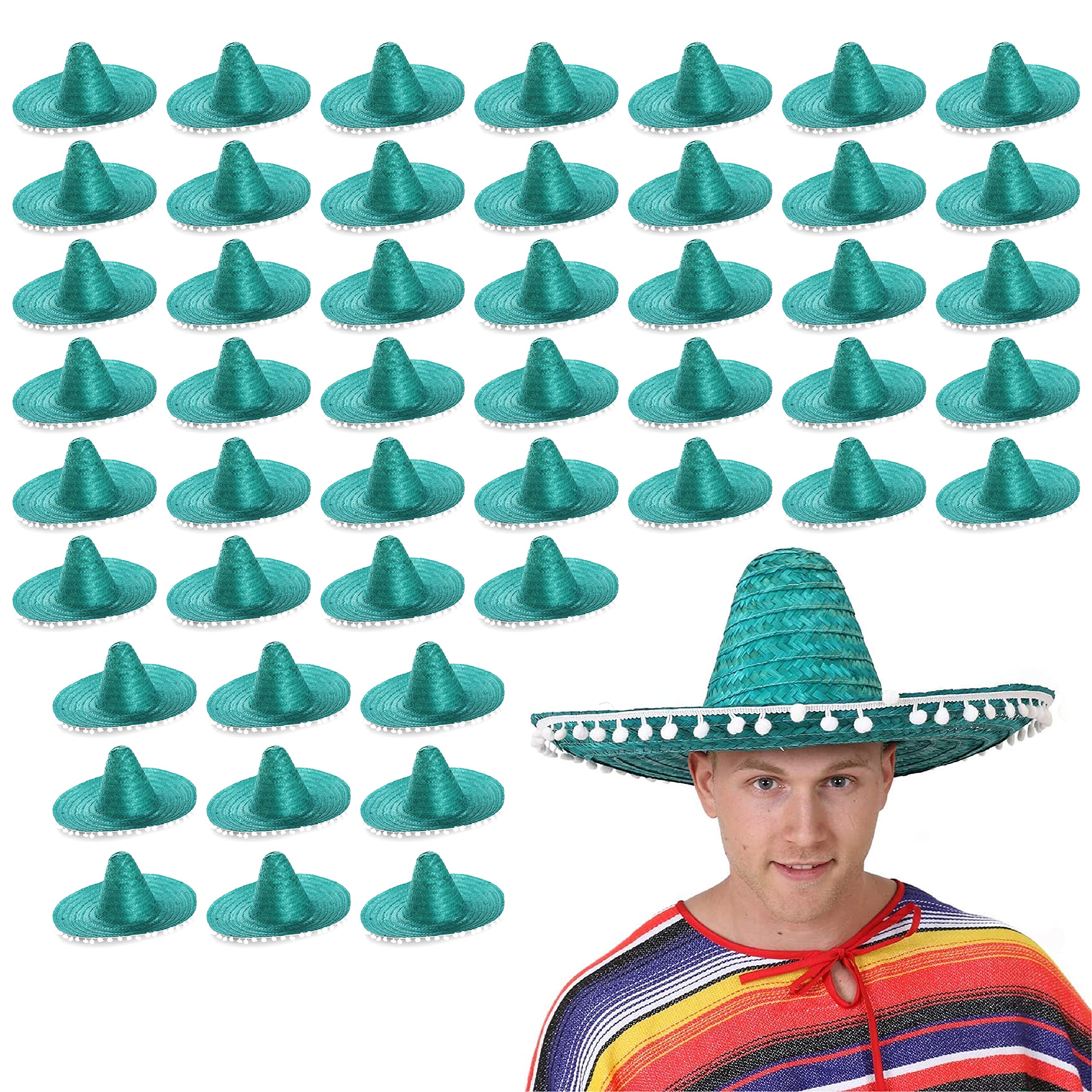 Green Mexican Sombrero - Pack of 24 - Straw Sombrero with White Pom Poms - Straw Hat Fancy Dress Costume Ideal for Hen/stag Night, Summer, Beach Party, Wholesale Bulk