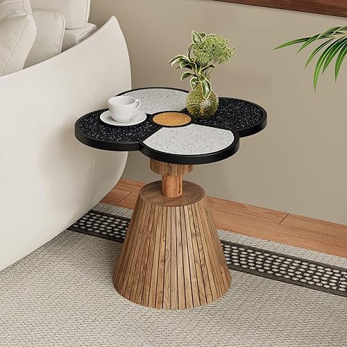 Mesa auxiliar de trébol de cuatro hojas, mesa decorativa con base de grano de madera para sala de estar, dormitorio y espacios pequeños, natural
