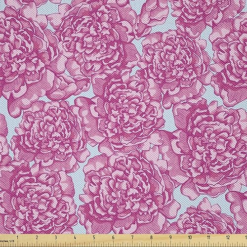 Ambesonne Spring Fabric by The Yard, Close-up Illustration of Peony Flowers in Repetitive Pattern Image Art Print, Decorative Satin Fabric for Home