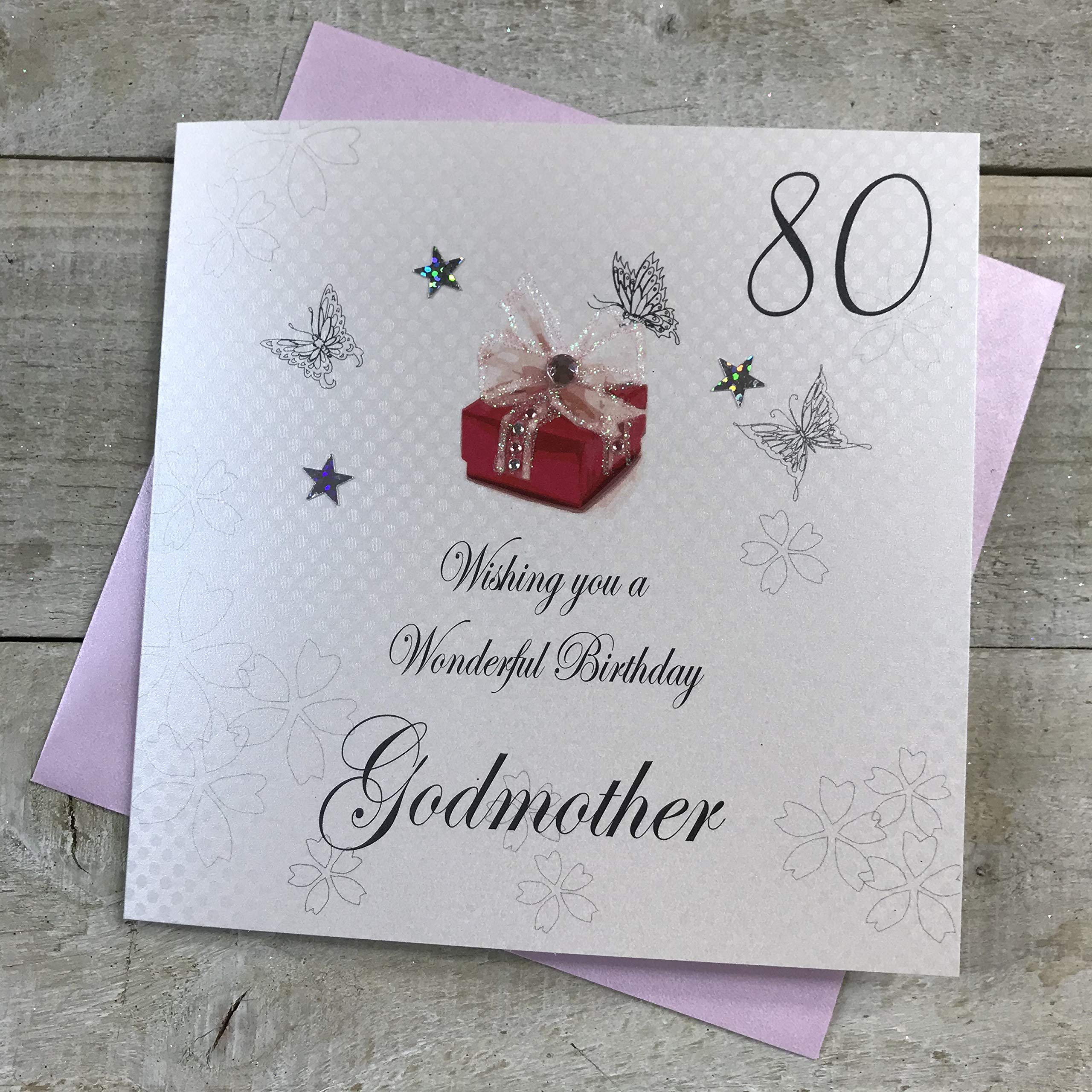 WHITE COTTON CARDS"80 Wishing you a Wonderful Birthday Godmother Handmade 80th Birthday Card, White, bdp80-Godm