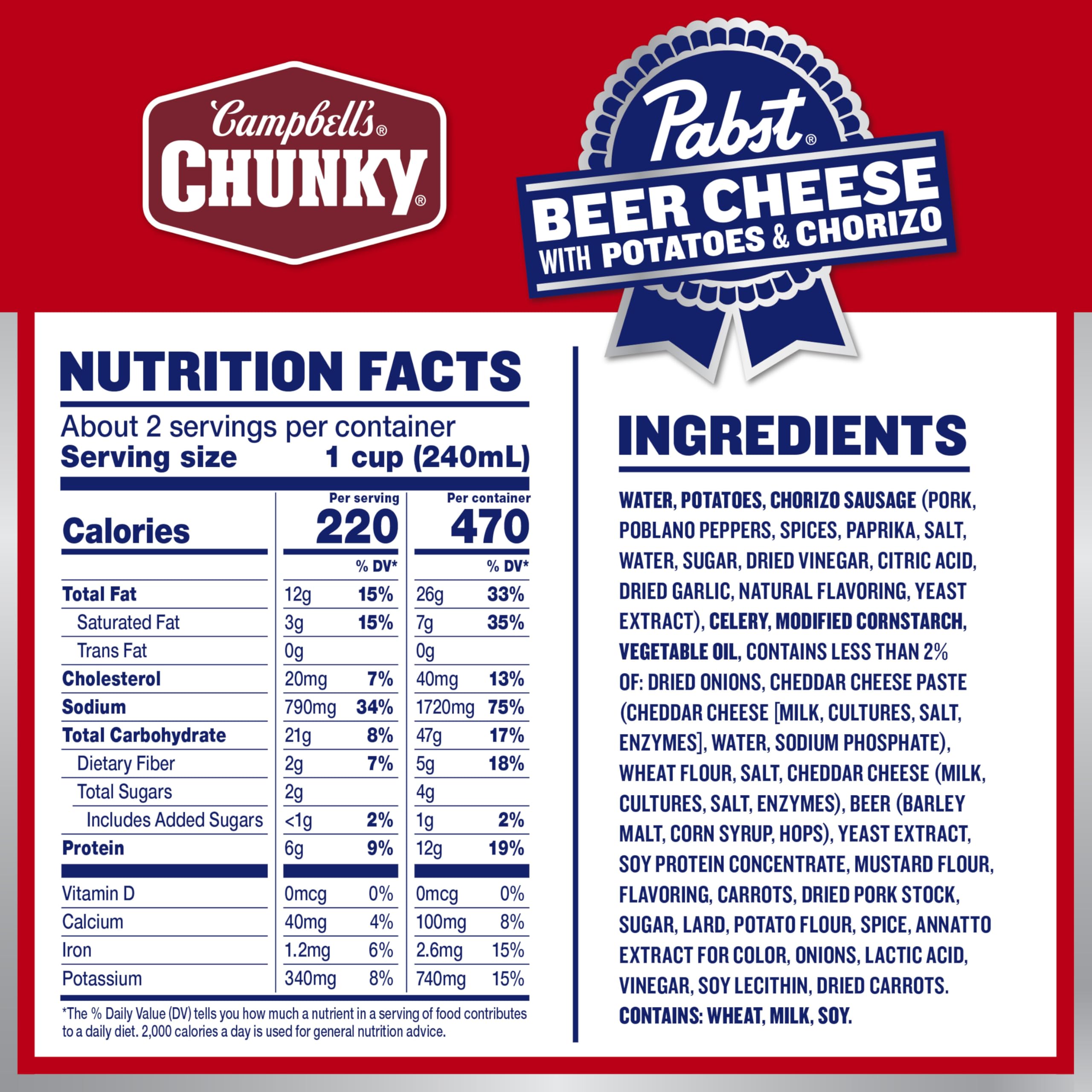Campbell’s Chunky x Pabst Blue Ribbon Beer Cheese with Potatoes & Chorizo Soup, 18.8 oz Can