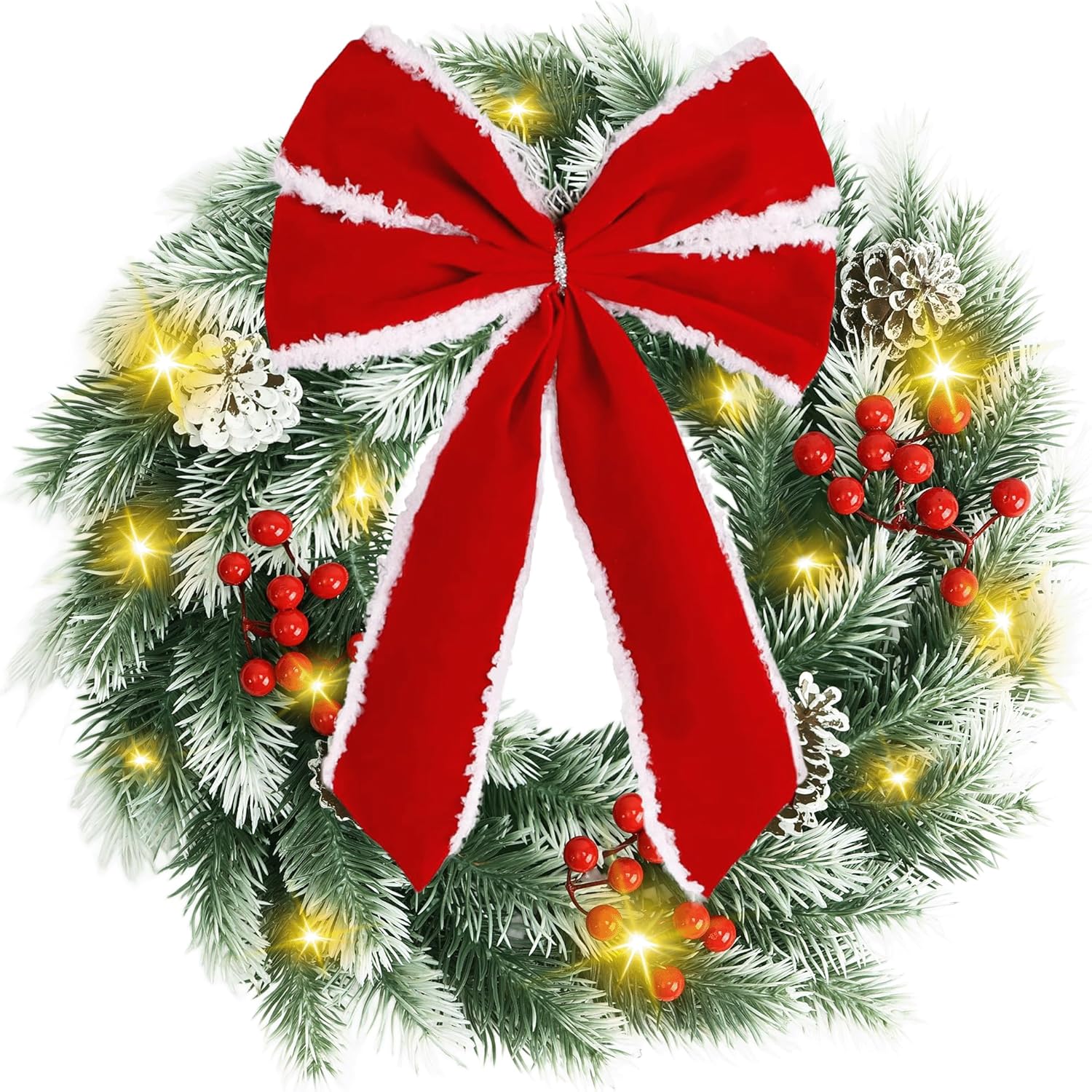 Pinkpum Lighted Christmas Wreath for Front Door Decor 16.5" Green Winter Wreath with LED String Lights for Home Wall Window Porch Farmhouse Indoor Outdoor Decorations Berries Pine Cones Bow 1 Pack 1 16.5''