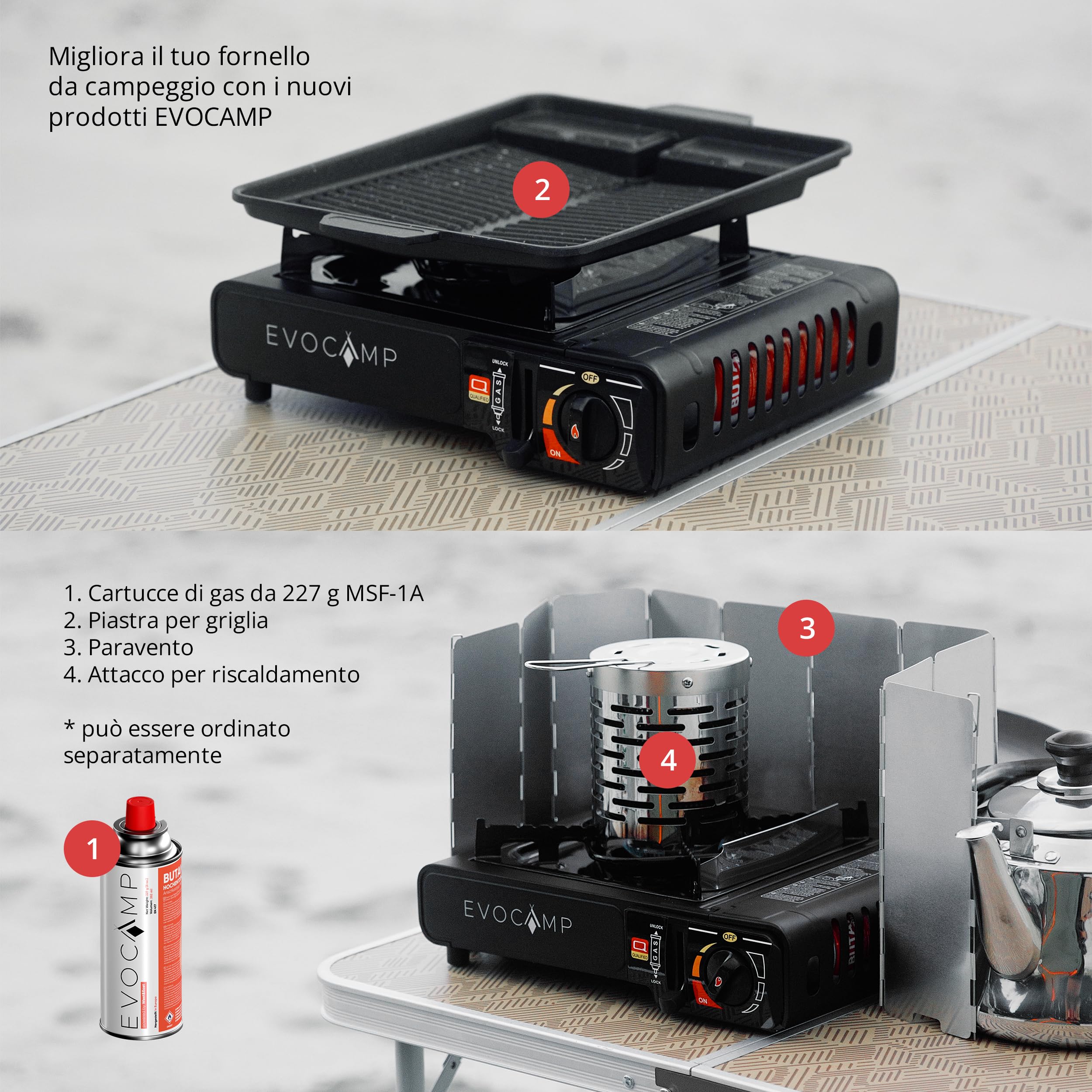 EVOCAMP Fornello a gas da esterno con accensione piezoelettrica, cucina da campeggio per bombola gas MSF-1a 227g, fornello portatile con valigetta, stufa a gas ideale per il campeggio o le escursioni