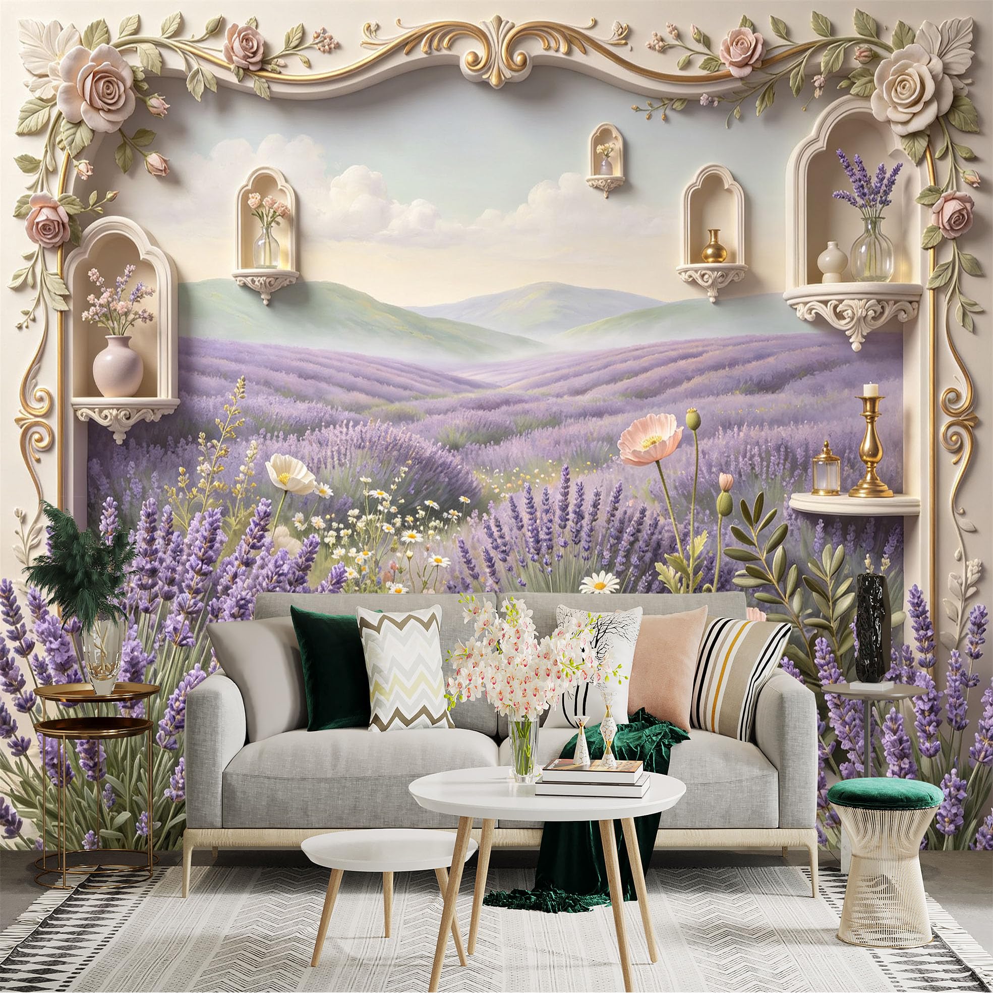 Lnzczhyre Bh260719764 Custom Size Wall Sticker Mural， Provence Lavender Fields， Elegant Flower Vases， Rustic Garden Scenery， Floral Archway Decor， For Wall Decoration， Peelandstick Wall Decals.