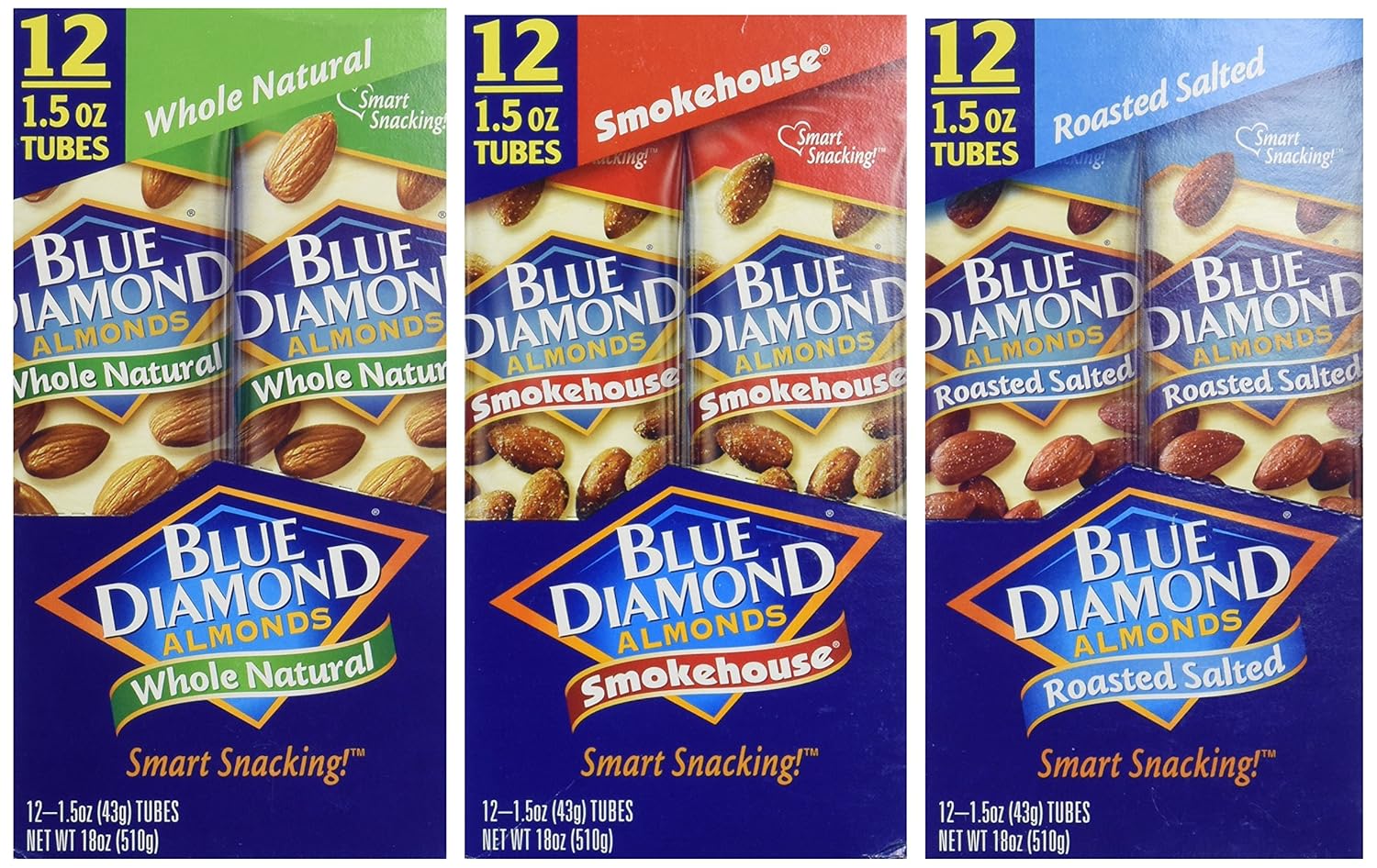 Blue Diamond Almonds – VARIETY FLAVORS - Whole Natural, Smokehouse, Roasted Salted (Box of 36 / 1.5-Ounce Bags)
