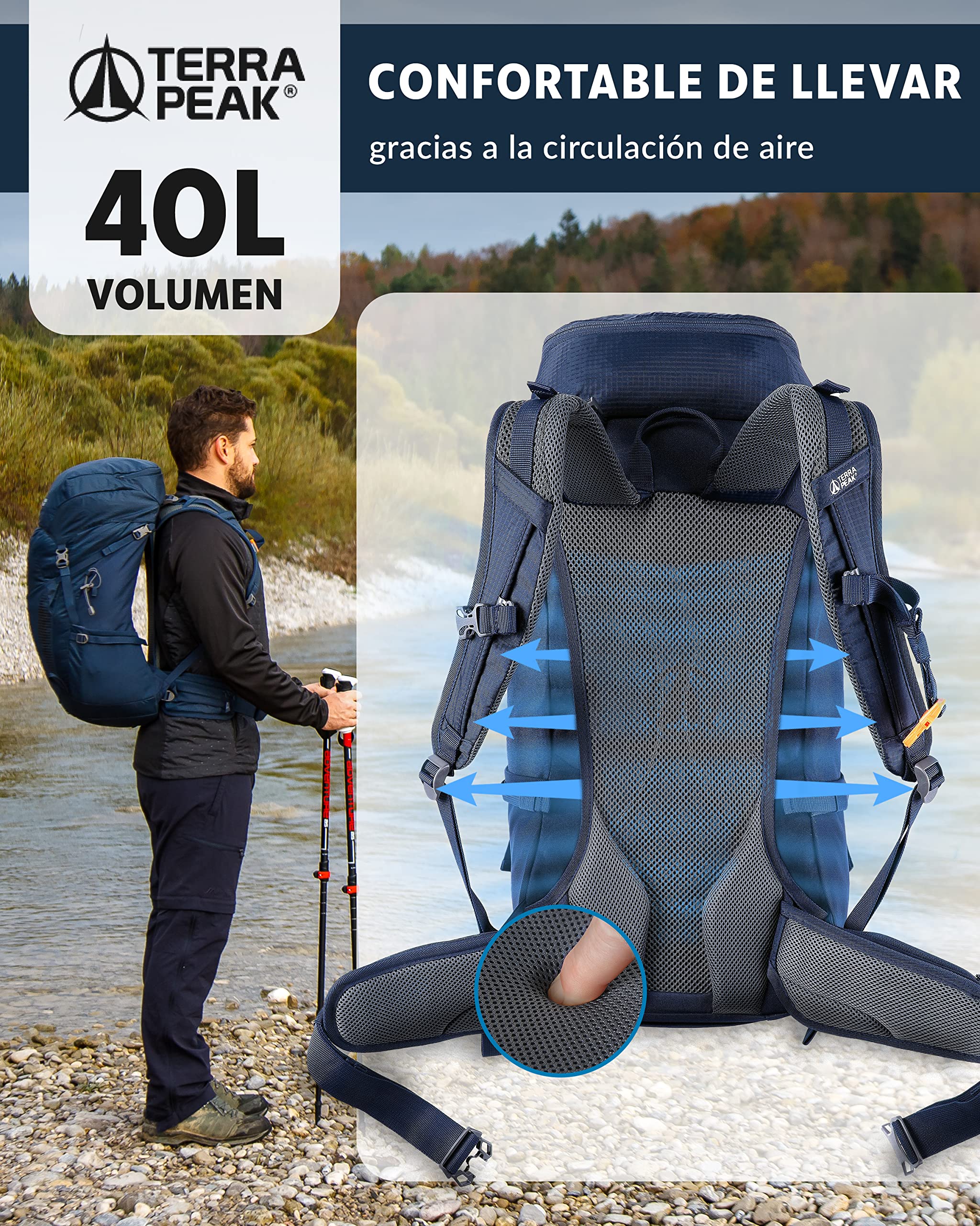 Terra Peak® Mochila de senderismo 20, 30, 40L para hombre y mujer (AIRANT) - Mochila de trekking, viaje y montañismo (ergonómica, impermeable) con ventilación en la espalda (transpirable)