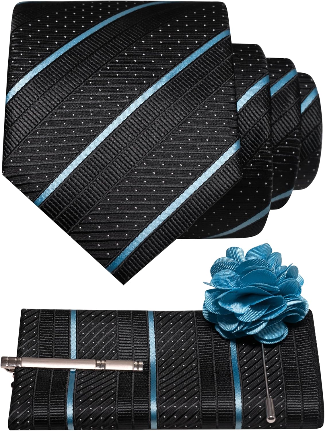 JEMYGINS Mens Striped Tie and Lapel Pin Necktie Pocket Square with Tie Clip Sets for Business Casual 4PCS