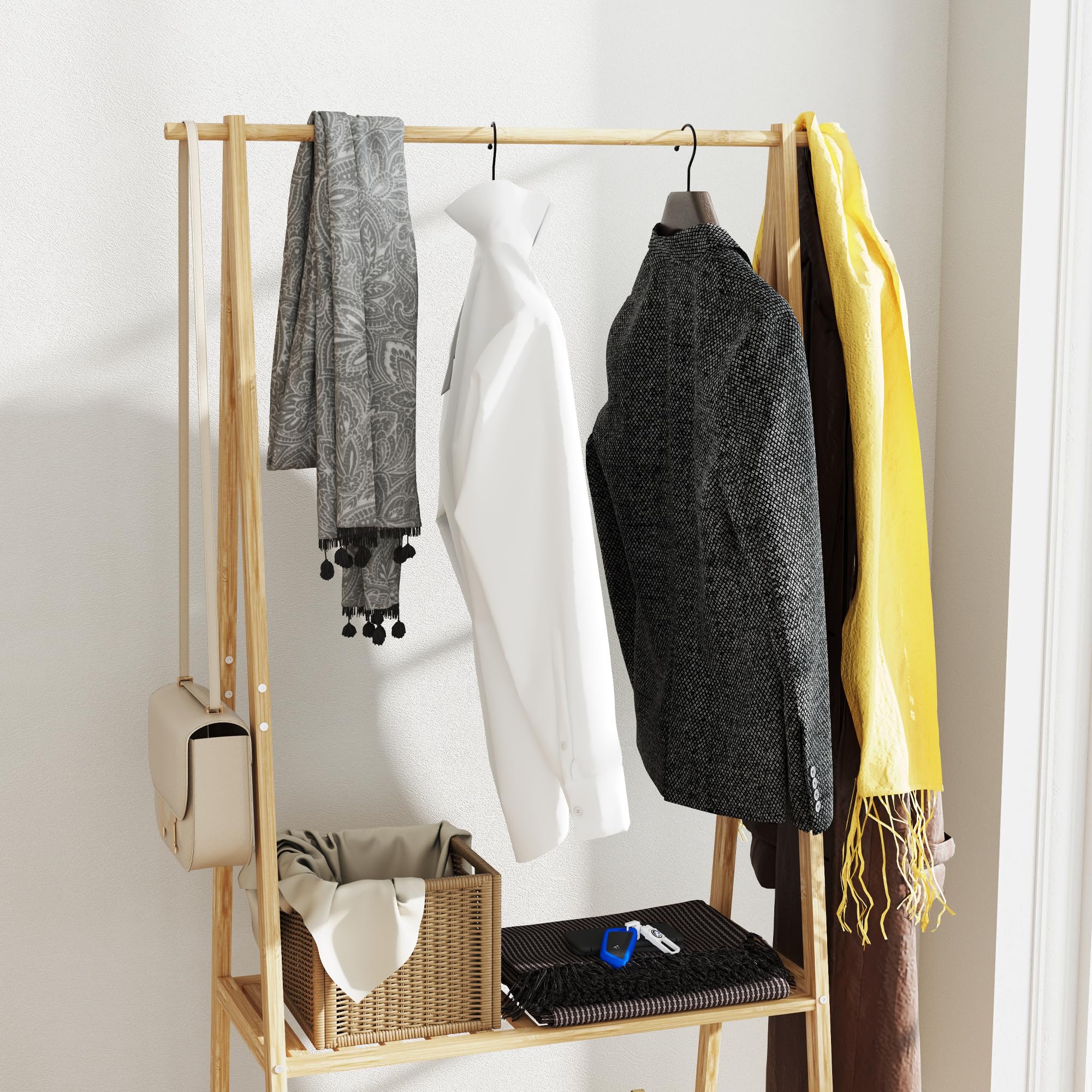 HOMCOM Burro para Ropa de Bambú con 2 Ganchos 84,5x43,5x158 cm Natural | Perchero, Burro para Ropa con Ruedas, 2 Estantes Abiertos, para Entrada Pasillo Dormitorio