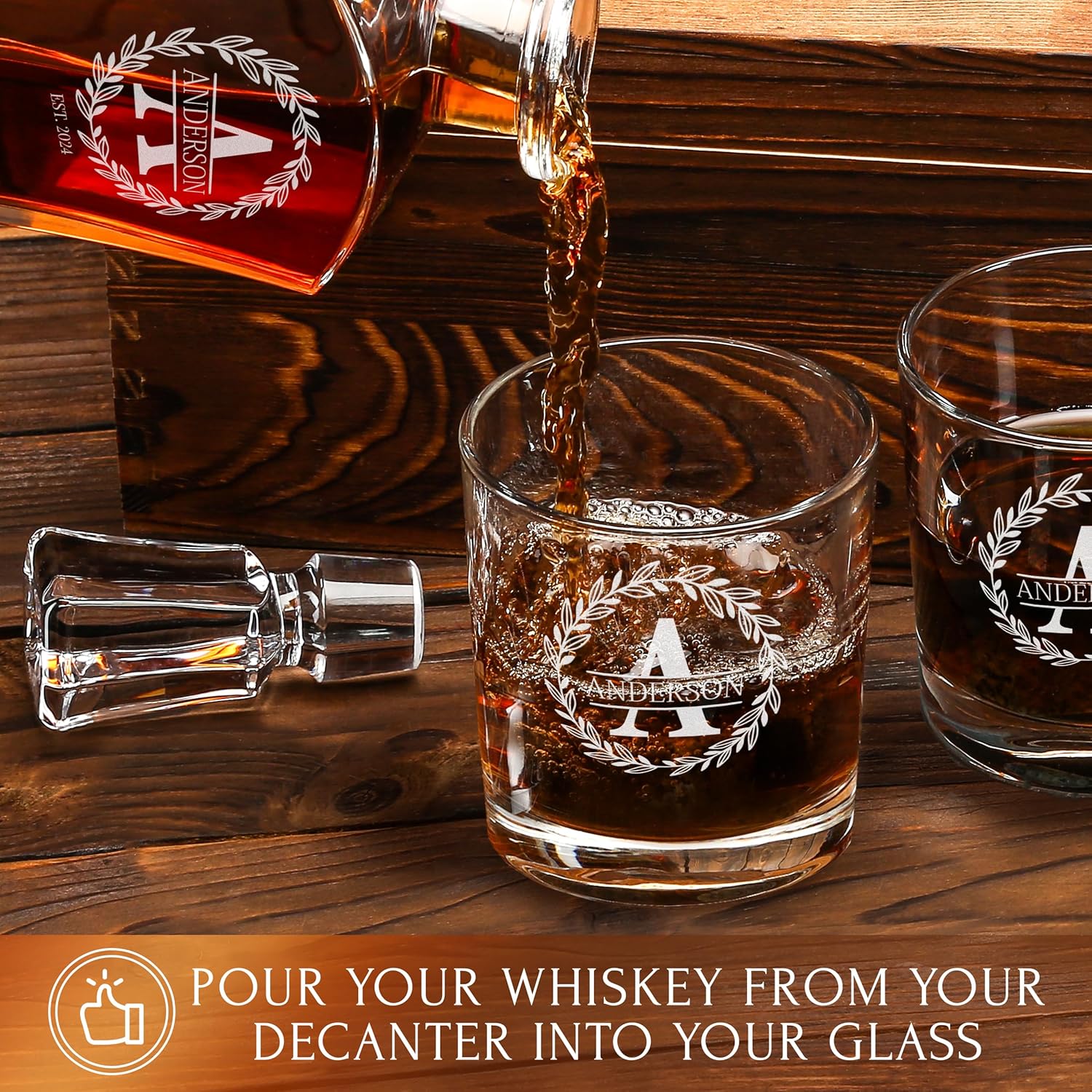 Personalized Whiskey Decanter and Glasses Set - Customized in USA Gift for Him - Men, Dad, Father, Brother, Son - Engraved Old Fashioned Whiskey Decanter, 4 Glasses in Wooden Gift Box