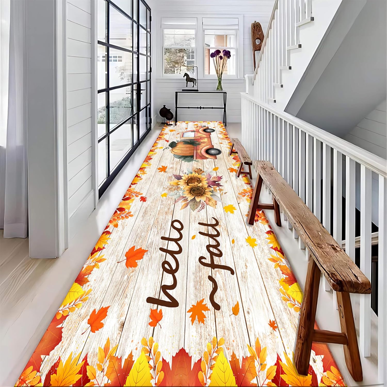 Hello Fall Maple Leaf Long Hallway Rug Runners, 1.3x7ft, Pumpkin Sunflower Autumn Harvest Bedroom Rug, Orange Thanksgiving Decor Low Pile Non-Shedding High Traffic Rugs for Kitchen