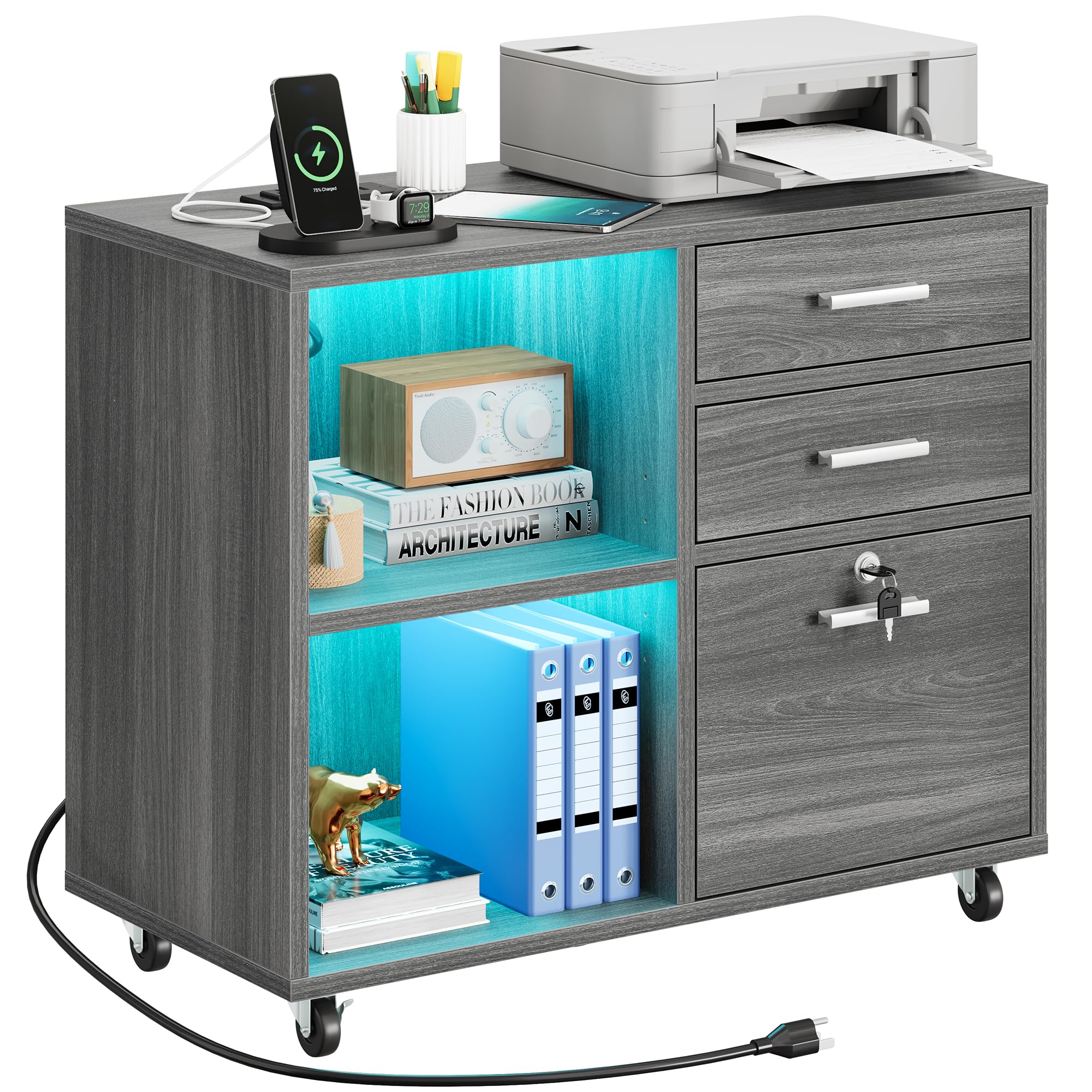 2 Drawer Wood File Cabinet, Mobile Lateral Filing Cabinet With Lock, Printer Sta