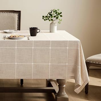 ZeeMart Grid Embroidered Hemmed Tablecloths, Light Tan 60x60 Inch, Farmhouse Style Heavy Weight Cotton Linen Light Beige Tablecloths, Boho Plaid Water Resistant Square Table Cloth
