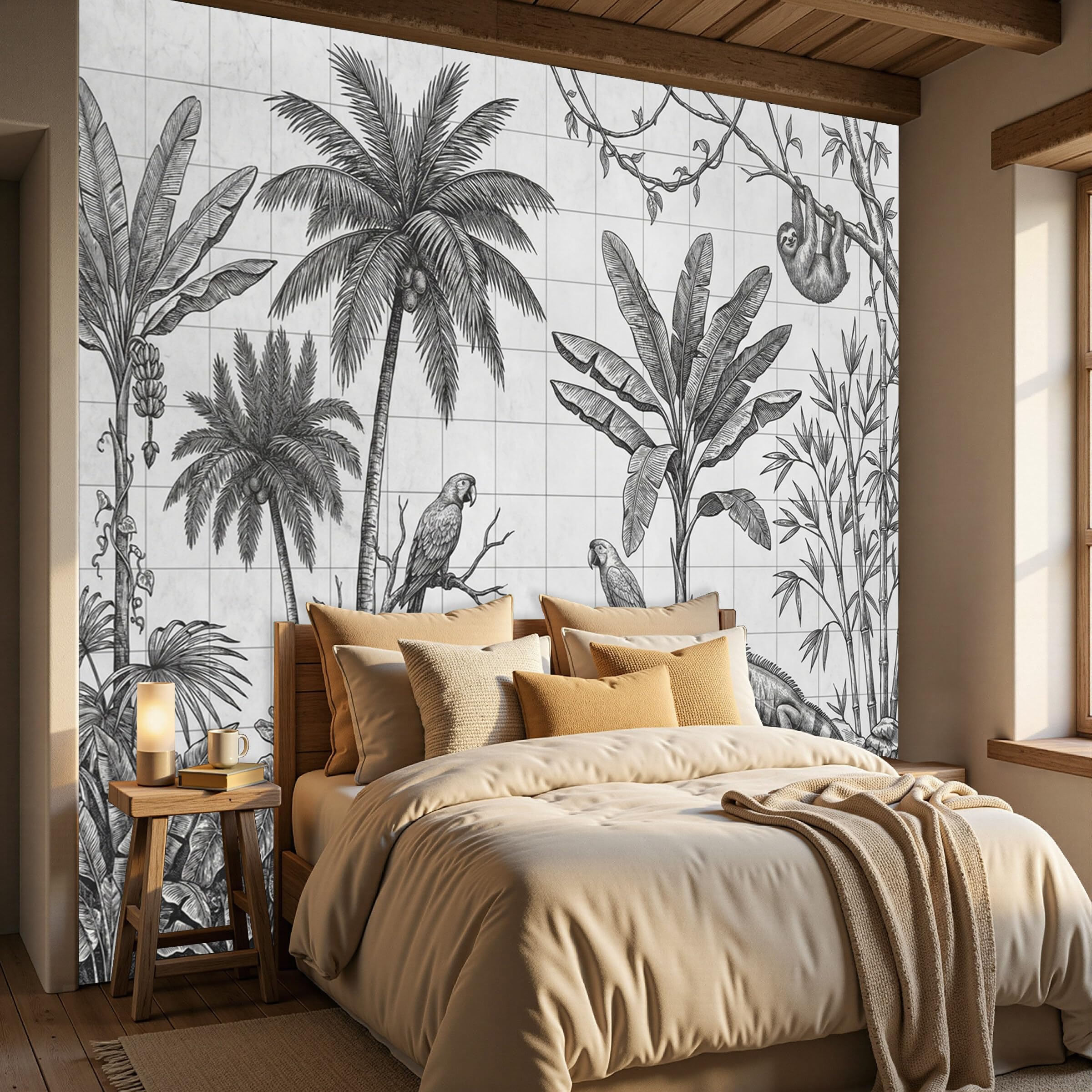 Carta Da Parati Pappagallo Dalle Foglie Di Palma Linee Tropicali Carta Da Parati Fotomurali Poster Murale Soggiorno Camera Letto Minimalista Tv Sfondo, 250X170Cm