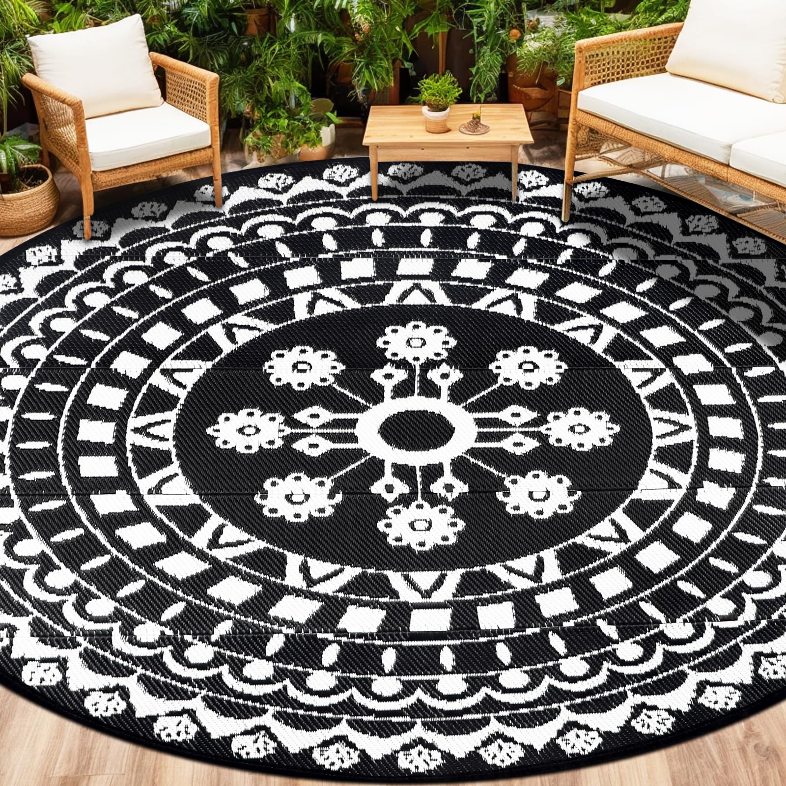 Capslpad Runde Außenterrasse Teppich Wende Picknickmatte Wasserdichter Kunststoff-Strohteppich Boho Runde Innen Außenbereich Teppich für Wohnmobil Hinterhof Balkon Picknick Strand