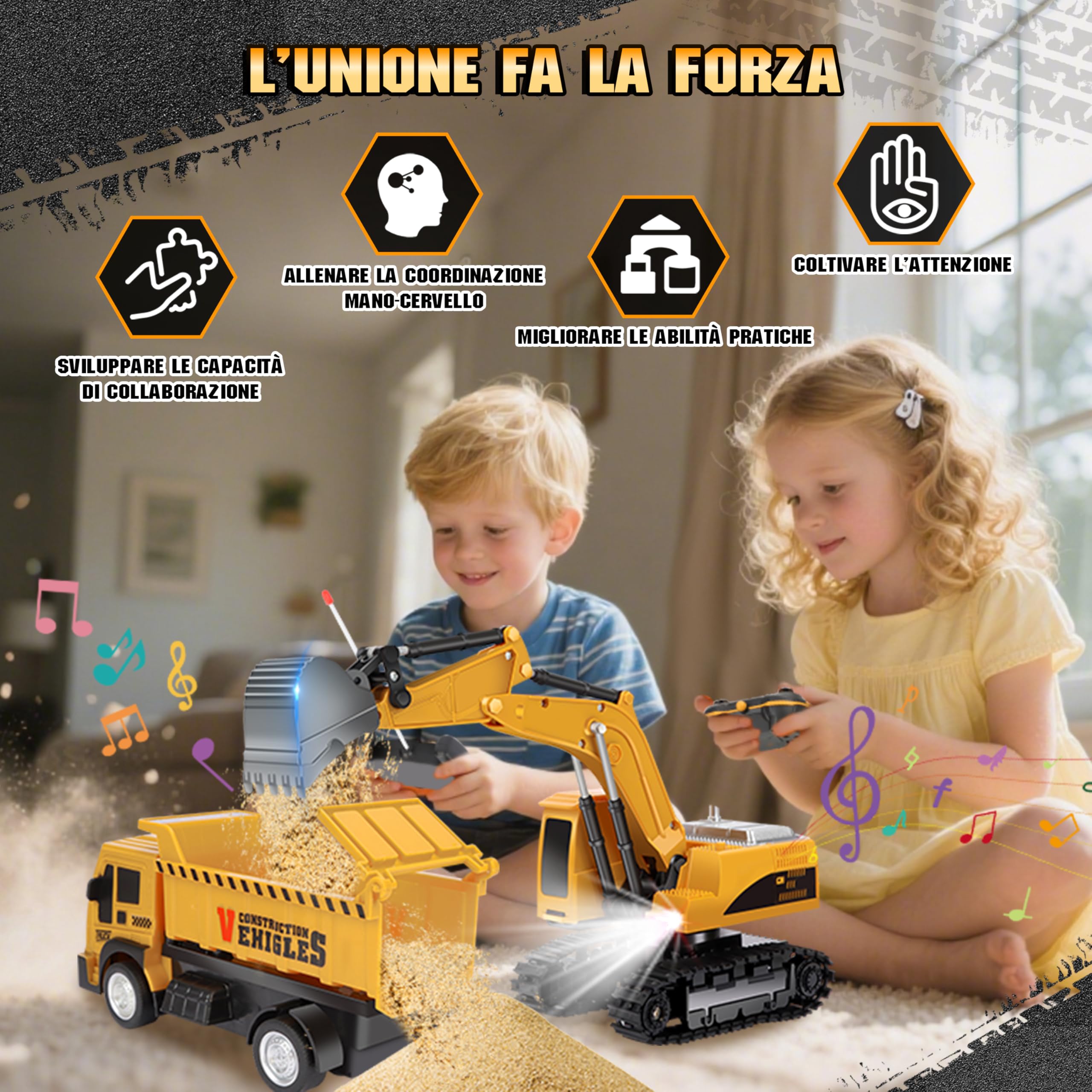 Charmofun 2PCS Kit Escavatore Telecomandato con Veicolo telecomandato, 2.4Ghz escavatore radiocomandato per Bambini - con Luci e Suoni e Spalletta in Metallo, RC Camion Escavatore Regalo Compleanno