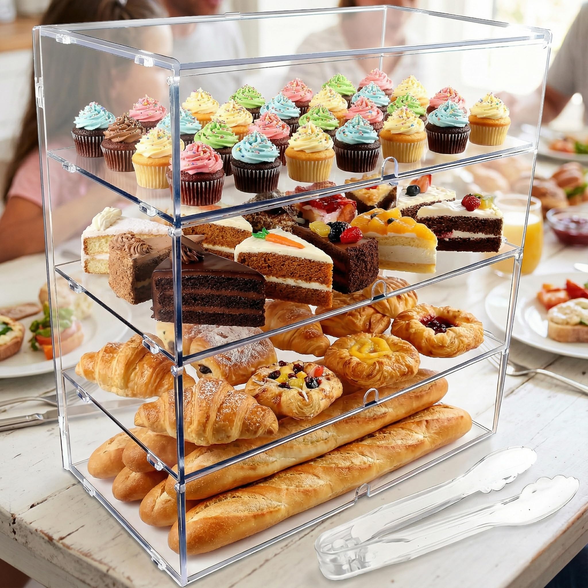 Espositore trasparente a 4 ripiani per pasticceria, vetrina per pasticceria, 49,5 x 52 x 26 cm, per feste, dessert, torte e pane, 5 mm, pannello PETG ad alto impatto