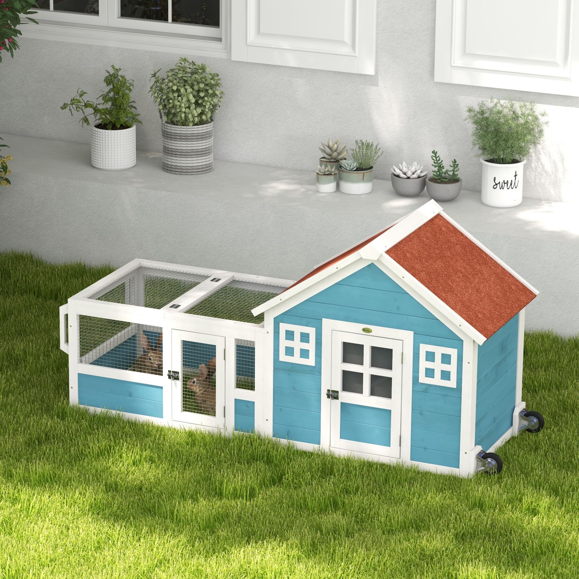 PawHut Conejera Exterior de Madera 162,5x59,2x77,6 cm Jaula para Conejo Casa para Conejos con Ruedas Rampa Ventanas de Decoración Puerta y Techo de Asfalto Azul