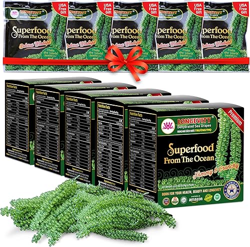 Miniatura 9 de LONGEVITY SEA GRAPES  Uvas marinas deshidratadas 423 onzas 6 paquetes - Caviar verde Umibudo alga marina lato regalo precioso del mar  Mejora la