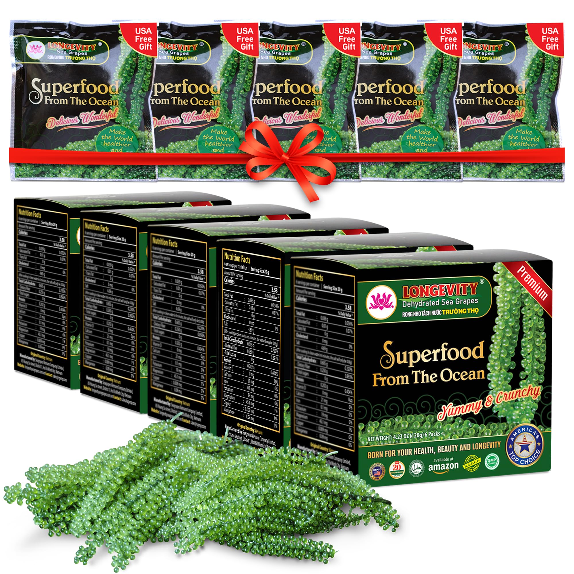 LONGEVITY Sea Grapes - Umibudo Green Caviar - Dehydrated, Marinated in Saltwater | Enhance Health, Boosting Immune System, Valued Natural Gift From