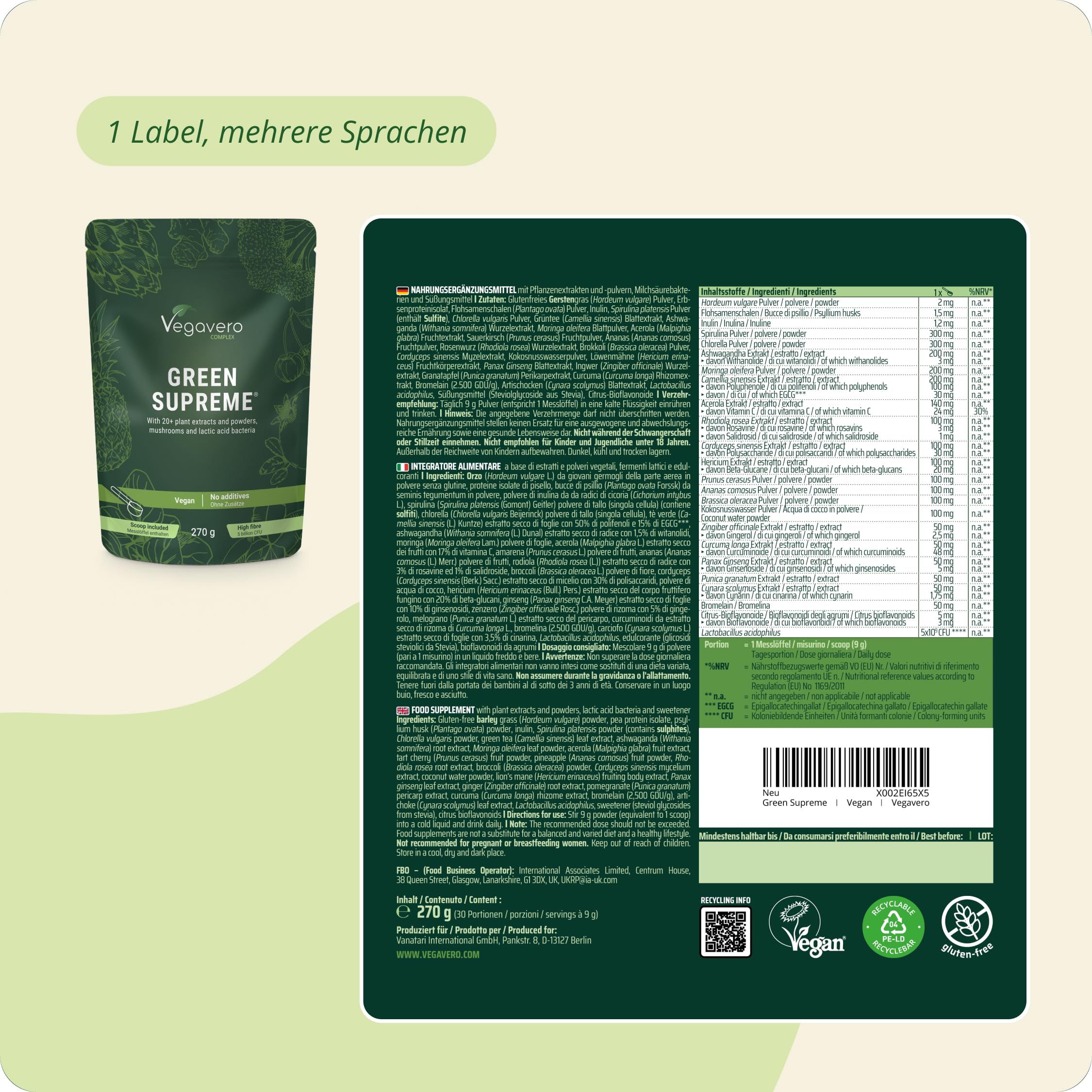 Vegavero Green Supreme – Greens Pulver 270g mit über 20 Superfoods, Pflanzenextrakten & Vitalpilzen – Immunsystem stärken, Energie & Detox - Mit Ballaststoffen & Probiotika, vegan