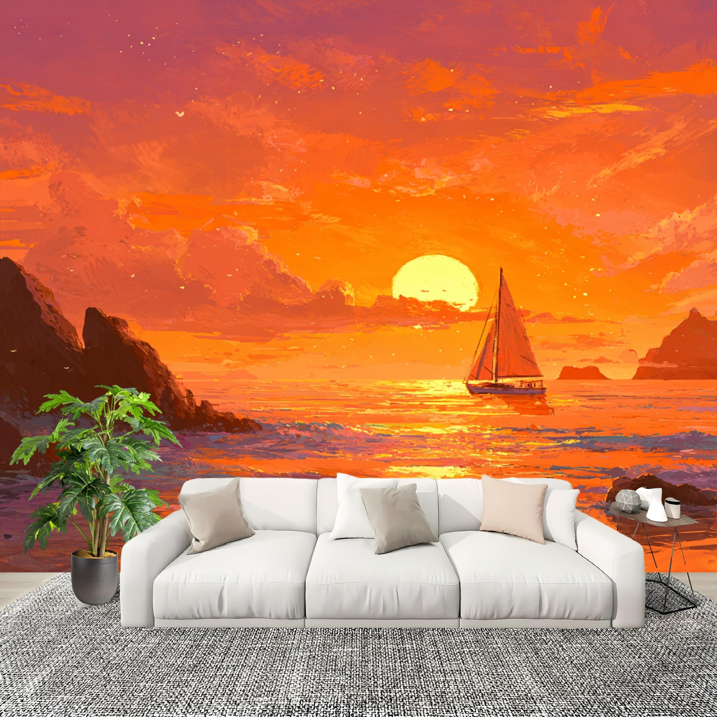 Papier peint paysage marin 3D grand format 250x175 poster mural orange