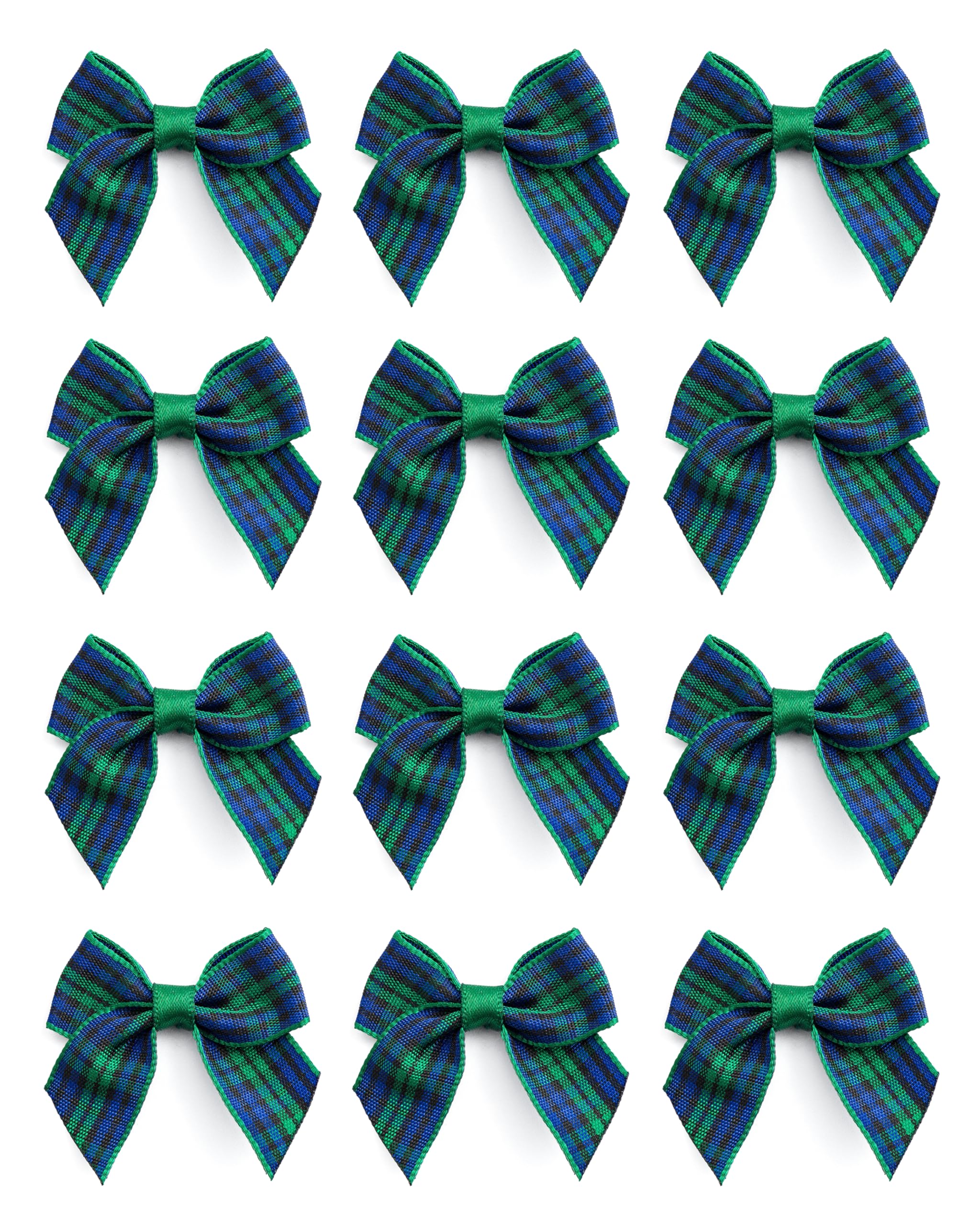 Italian Options Mini Tartan Ribbon Bows, Small Chequered Bow Decorations for Crafting, Gifts, Christmas Cards, Wreaths, Home Furnishings, Sewing, Hair Bows, Green/Blue, 12 Pack, 4 cm