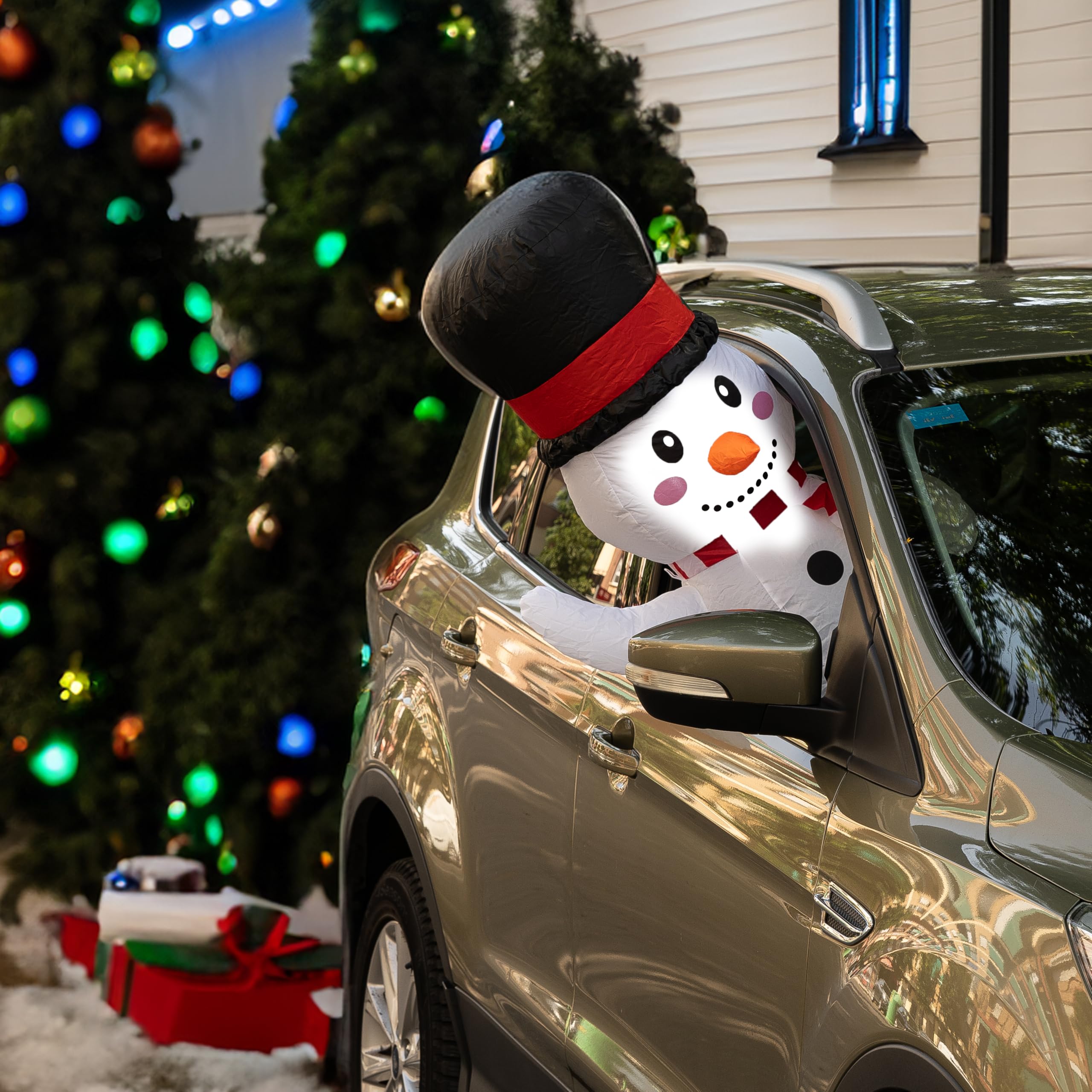 ZONETECH Bonhomme de neige de Noël gonflable pour voitures, copain de voiture gonflable avec prise soufflante de voiture 12 V lumières LED, décoration facile à installer en plein air pour décoration