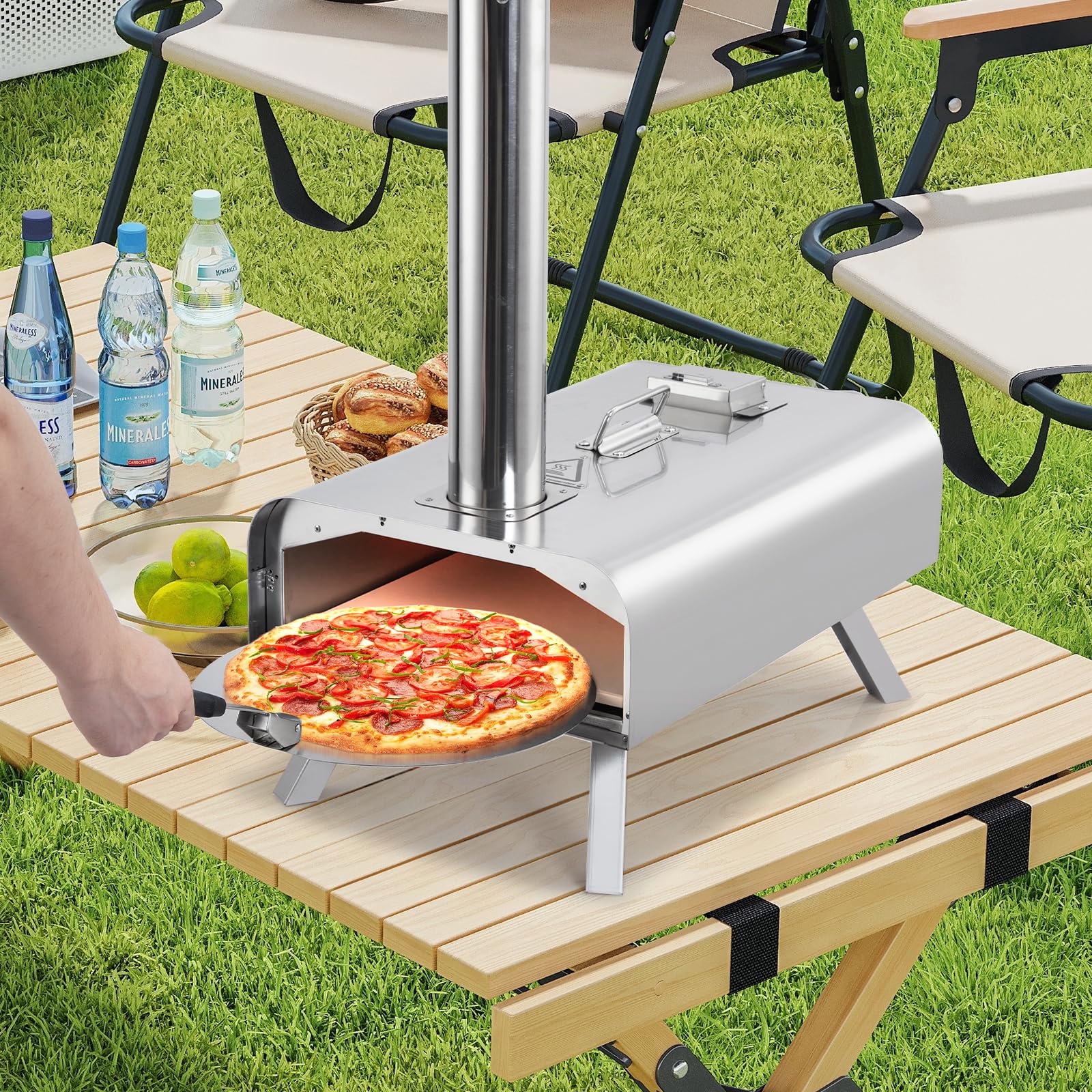Garvee Four à pizza portable 12" à granulés de bois multifuel – Acier inox argent, poignée supérieure – Pierre à pizza 12" – Pelle, sac de transport – Pieds pliables – Couleur : inox argent, jambes