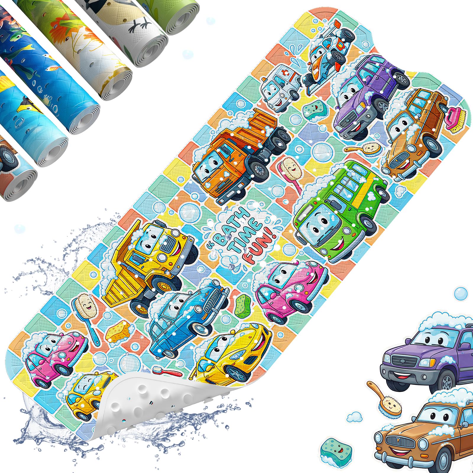 XIYUNTE Baby Bath Mats Non Slip Anti Mould, Cartoon Kids Bath Mat Non Slip, 100x40cm Extra Large Baby Shower Bath Mat with Suction Cups & Drain Holes, Machine Washable, Car