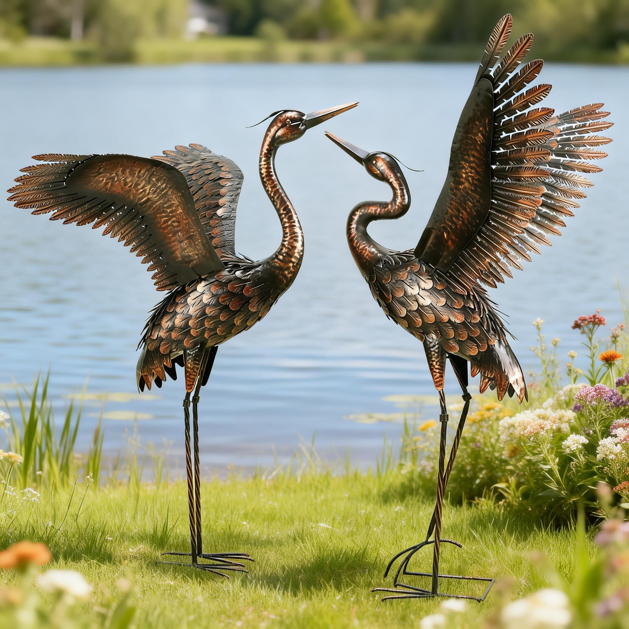 Garden Statue Outdoor Metal Heron Crane Yard Art Sculpture for Lawn Patio Backyard Decoration,46 inch (2-Pack)