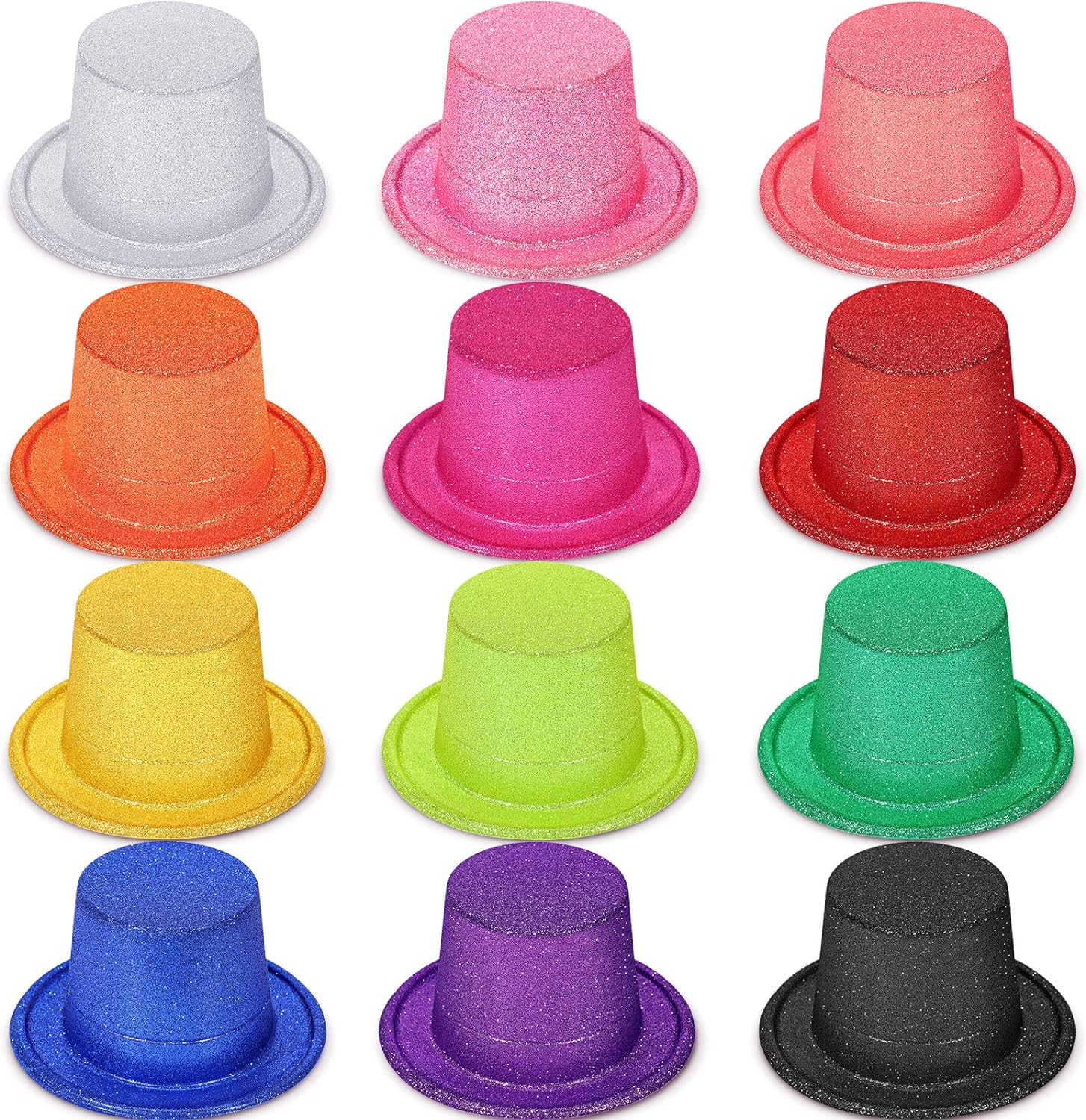 Handepo 12 Pack Bright Glitter Top Hat Fun Mini Party Hats for Adults Easter St. Patricks Day Party Decoration Plastic Assorted Colors for Holiday Dress Accessories