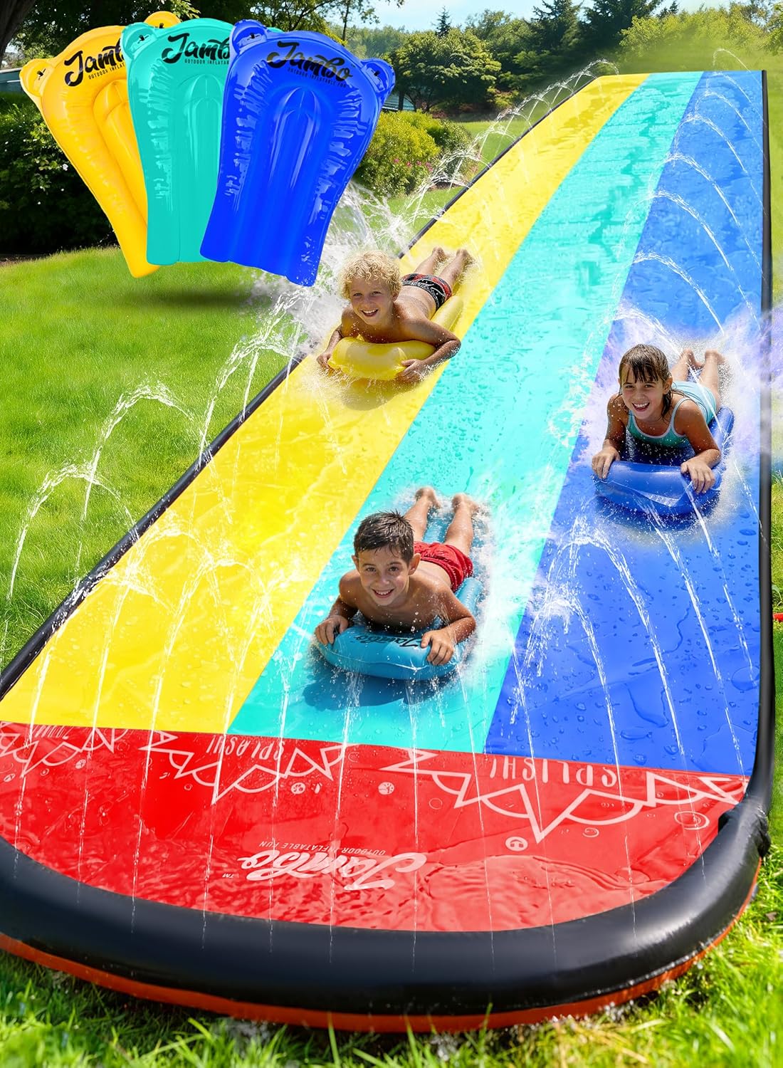JAMBO XL 20Ft Water Soaker Premium Slip and Slide with 3 Bodyboards, Heavy Duty Water Slide- Advanced 3-Way Water Sprinkler System, Backyard Waterslide Outdoor Water Toys n Slides for Kids