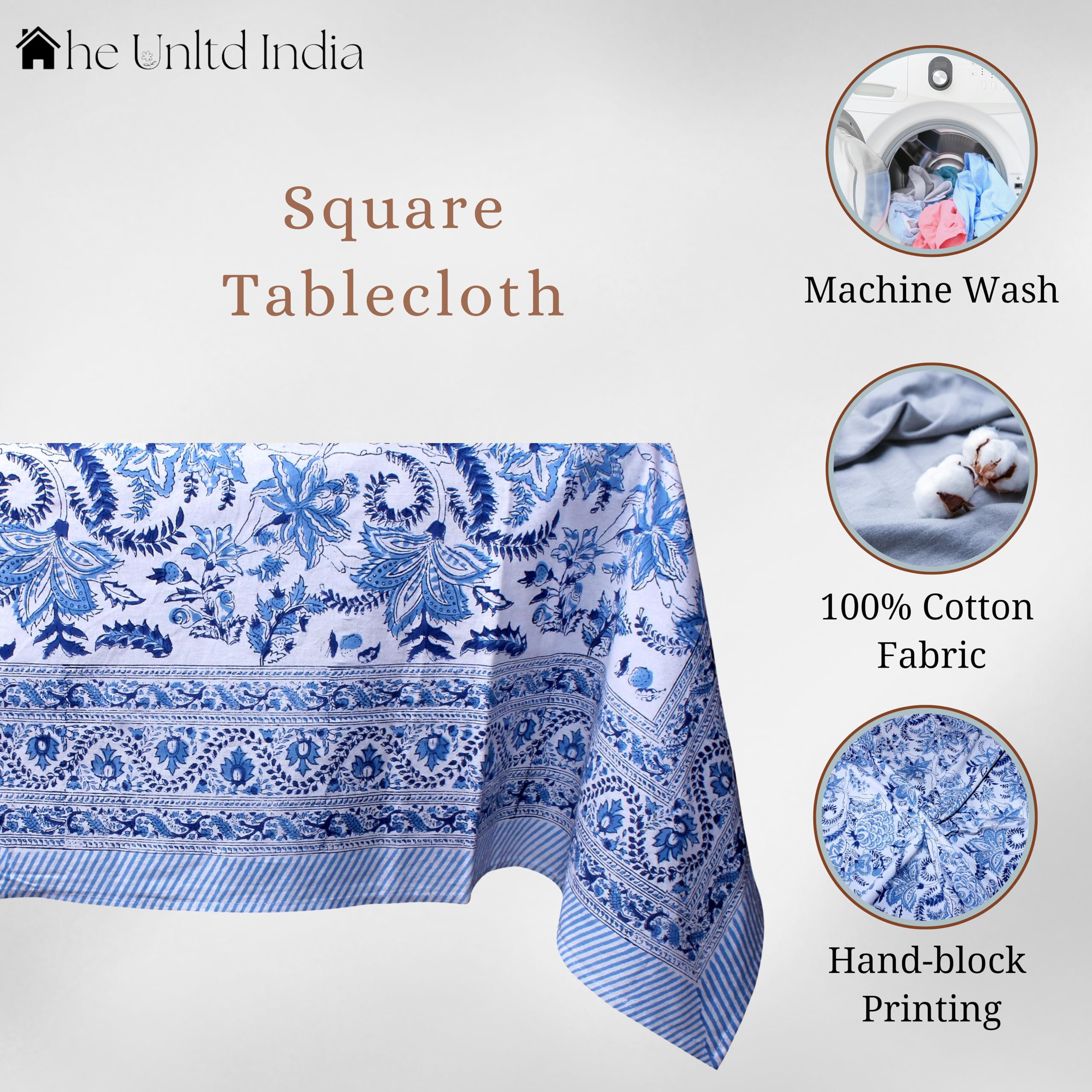 THE Unltd India Light Olive Green 100% Cotton Square Tablecloth, Block Print Summer Floral Dining Table Cloth, 59 x 59 Inches - Image 2