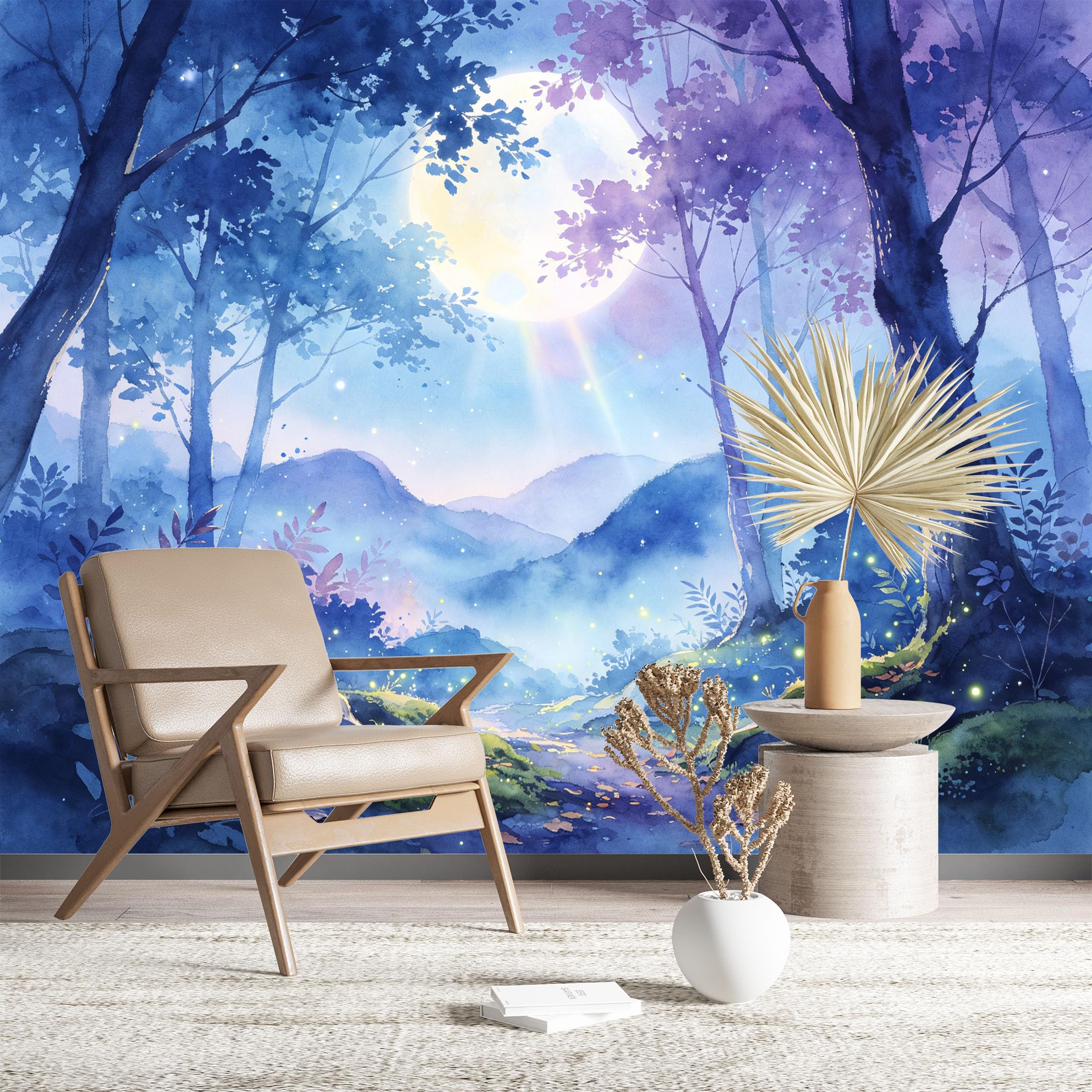 Custom Size Wall Murals Watercolor Moonlit Forest with Fireflies Wall Stickers Self-Adhesive Wall Fabric (NO PVC) Removable Wallpaper for Living Room Bedroom