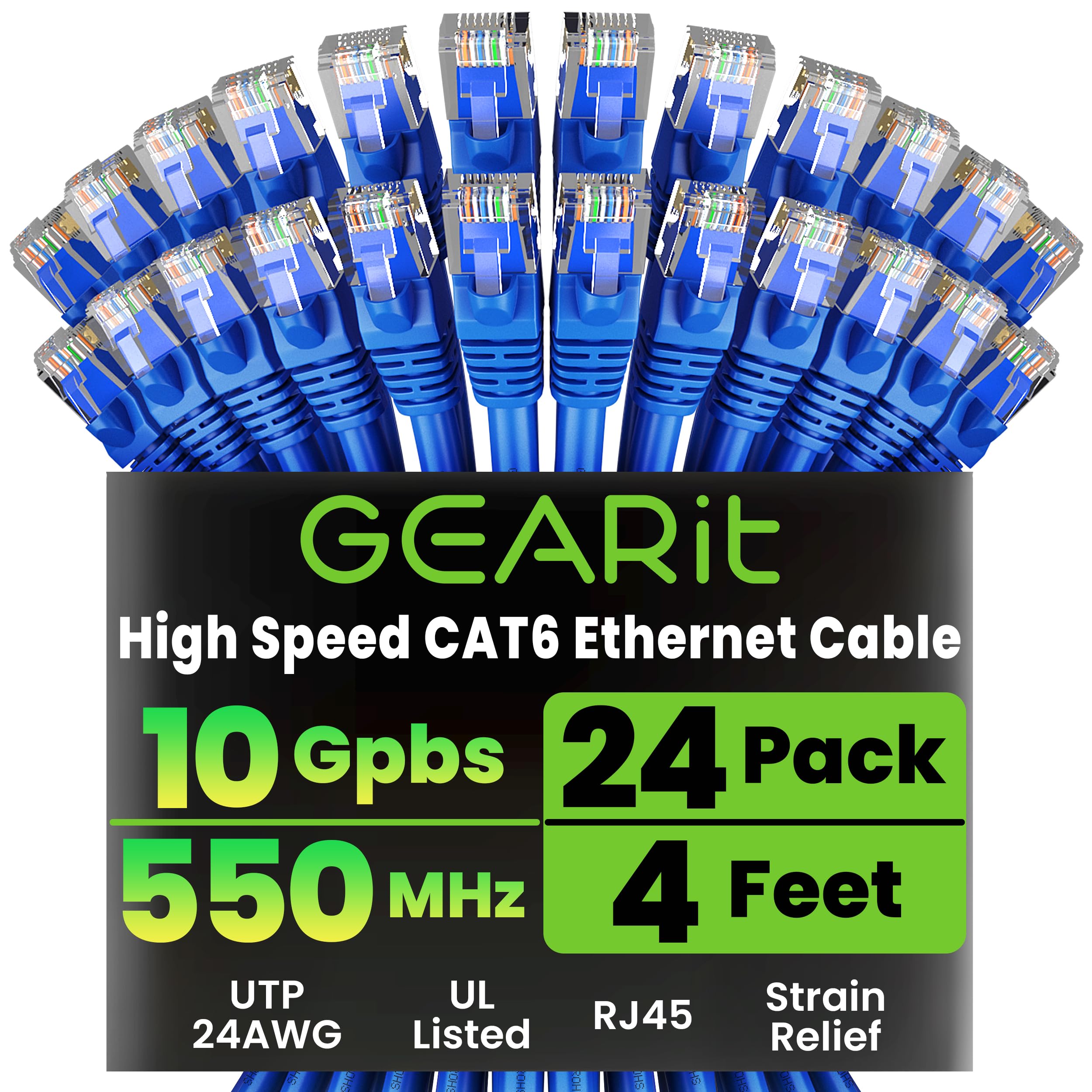GEARit Cat 6 Ethernet Cable (10-Pack 3 Feet) Cat6 Network Patch, 10Gbps, RJ45, Snagless Cord, Gold-Plated Connectors, Internet for PC, TV, Tablet, Router, Printer, Servers, IT Data Center - Blue — view 24