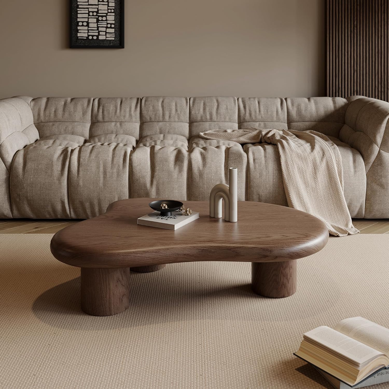 48.42" Modern Cloud Coffee Table for Living Room, Dark Brown Wood Coffee Table with 3 Sturdy Legs, Mid-Century Modern Tea Table Living Room Table for Home Office