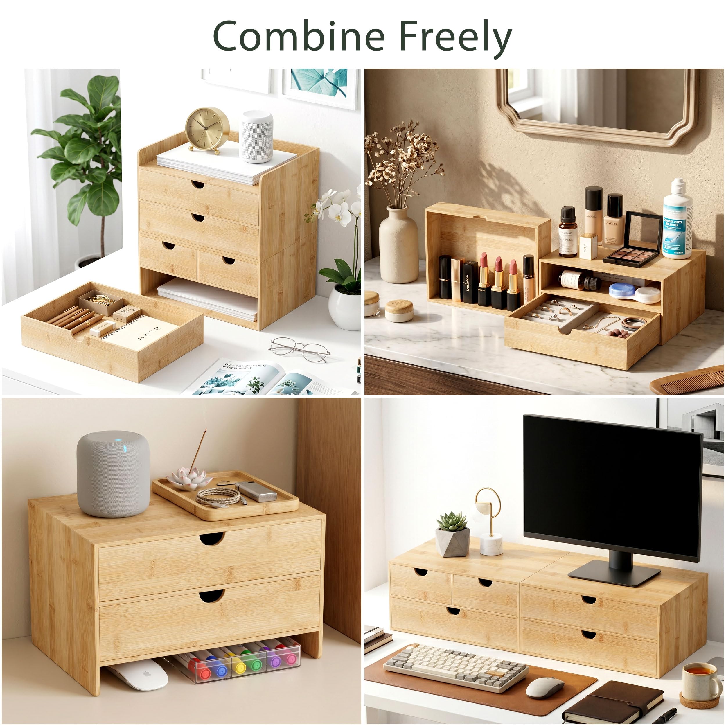 Organizer da scrivania con cassetti, organizer da scrivania in bambù | Organizzatore per cassetti da scrivania in legno bianco naturale per banconote, forniture per ufficio, cosmetici, sigilli, nessun
