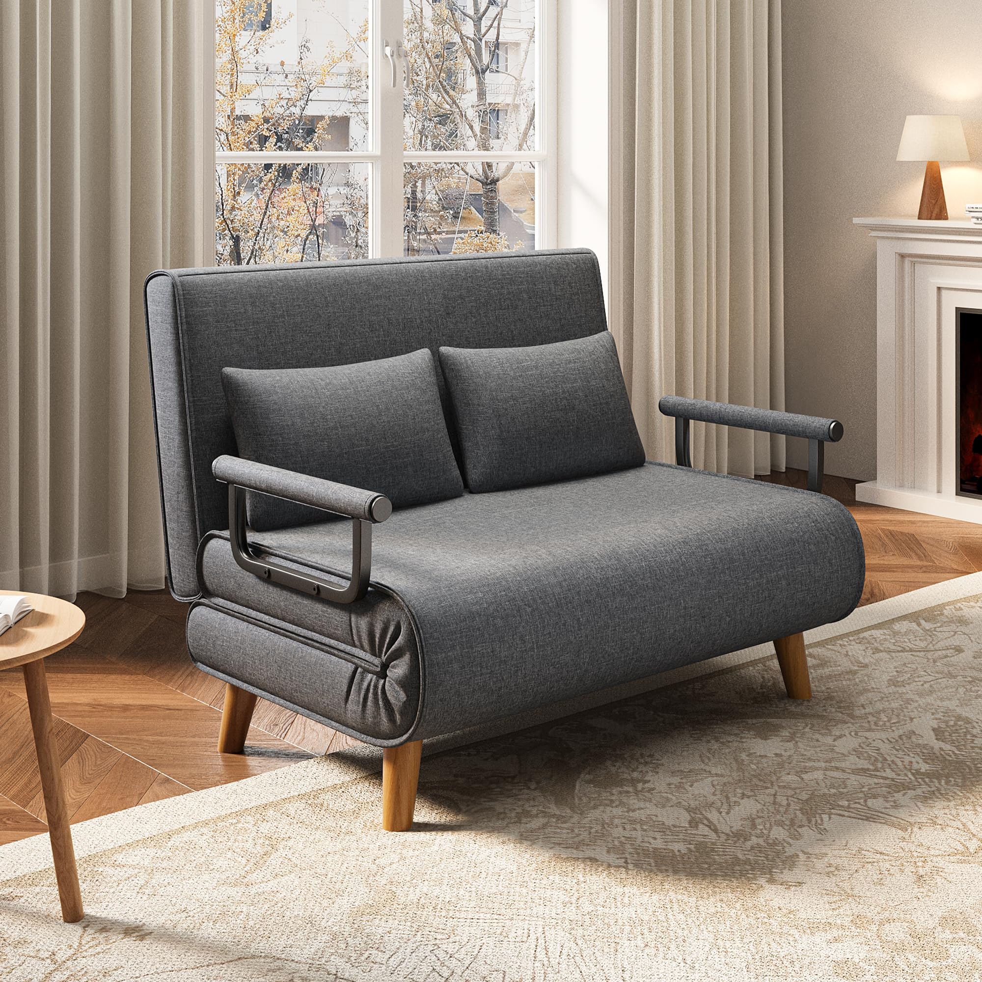 Xbro Schlafsofa 2-Sitzer mit Bettfunktion, Schlafsessel mit Bettfunktion mit Verstellbarer Rückenlehne und 2 Kissen, Sessel mit schlaffunktio für kleine Wohnung (Dunkelgrau)