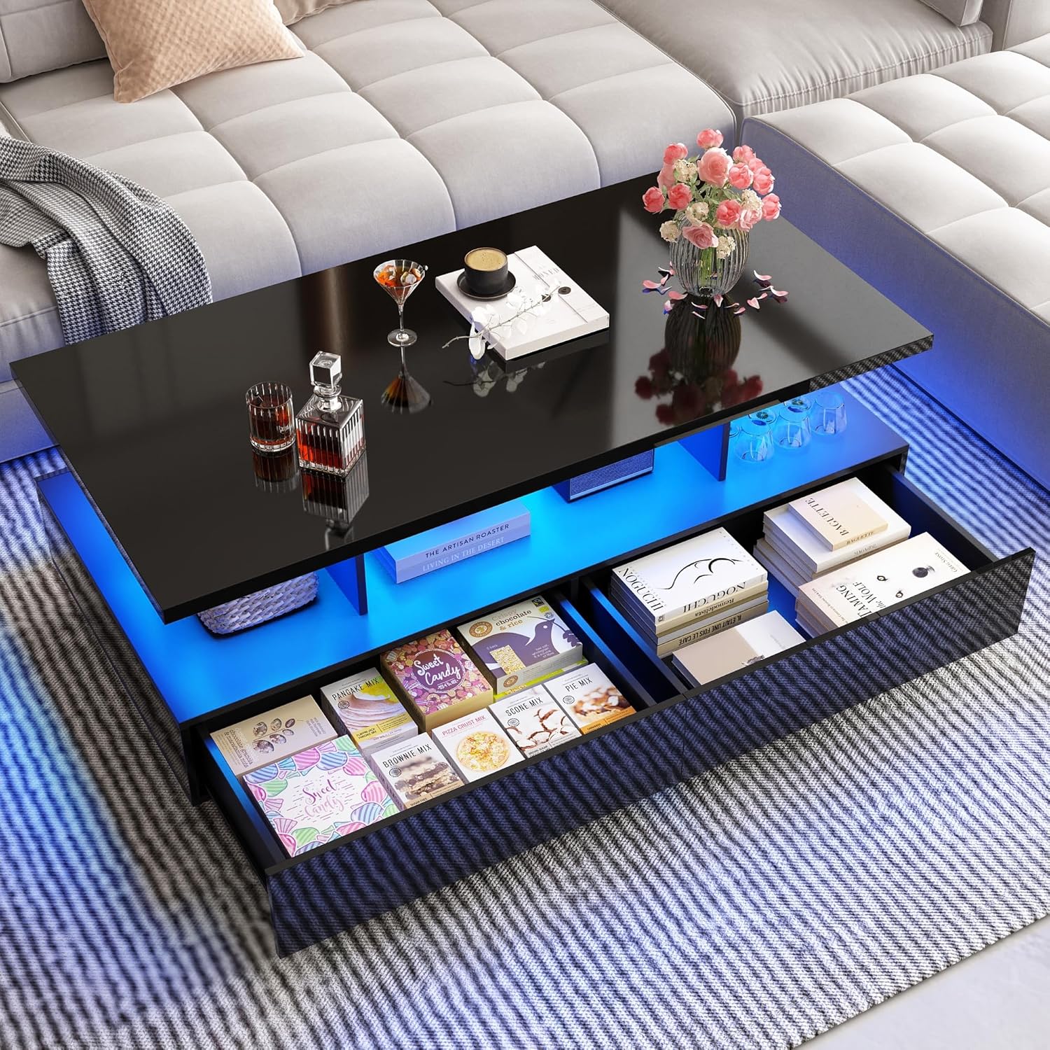 43in Large LED Coffee Table w/ 2 Big Storage Drawers,60,000-color Lights,App Control,High Glossy Modern Black Coffee Table,Rectangle 2-Tier Center Table w/Display Shelf for Living Room