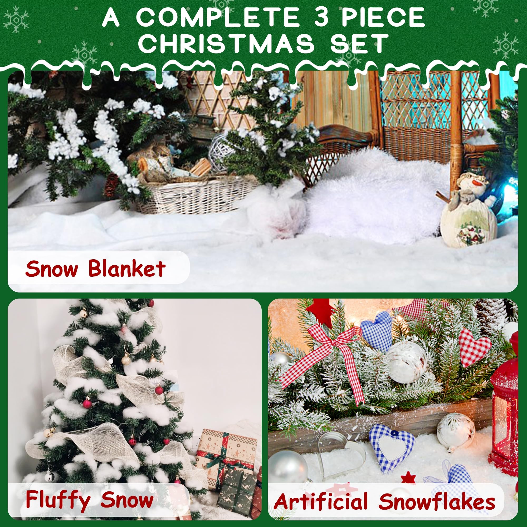 winemana Juego de 3 piezas de decoración de nieve falsa de Navidad, rollo de manta de nieve, copos de nieve artificiales, nieve esponjosa para casas de pueblo de Navidad, decoración de mesa de cocina