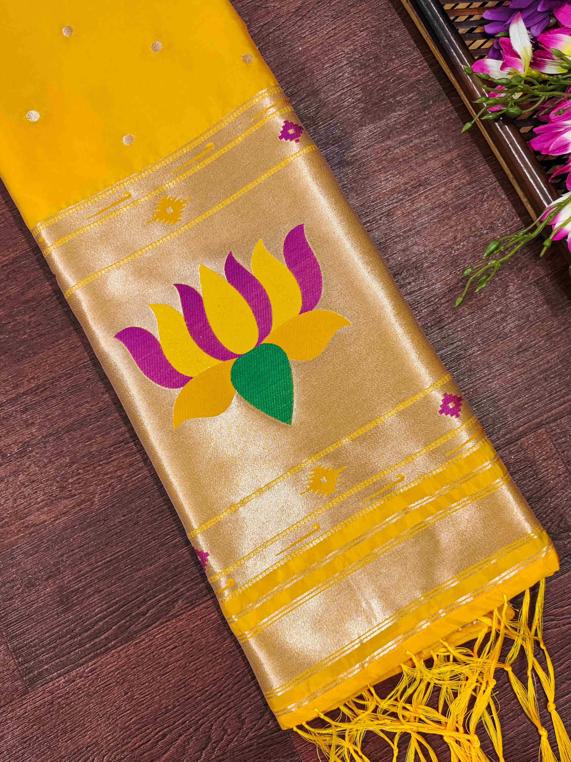 DEVANGI Women's Woven Banarasi Silk Dupatta/Chunni For Women, Floral Print 1 Meter Wide and 2.3 Meter Length Printed Designer Dupatta/Chunni For Girls(OM-DT-67-YELLOW) - Image 2 thumbnail