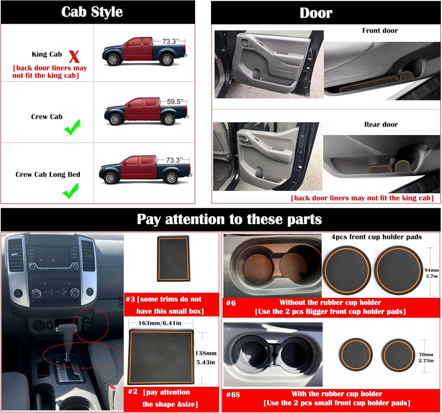 auovo Anti Dust Mats for Frontier Crew Cab 2005-2020 for Xterra Accessories 2005-2015 Custom Fit Door Pocket Liners Cup Holder Pads Console Mats(24pcs/Set) (Orange)
