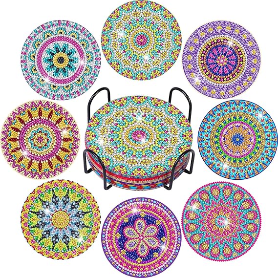 Billbotk Diamond Art Painting Coasters Kit, 8 Pieces Mandala Diamond