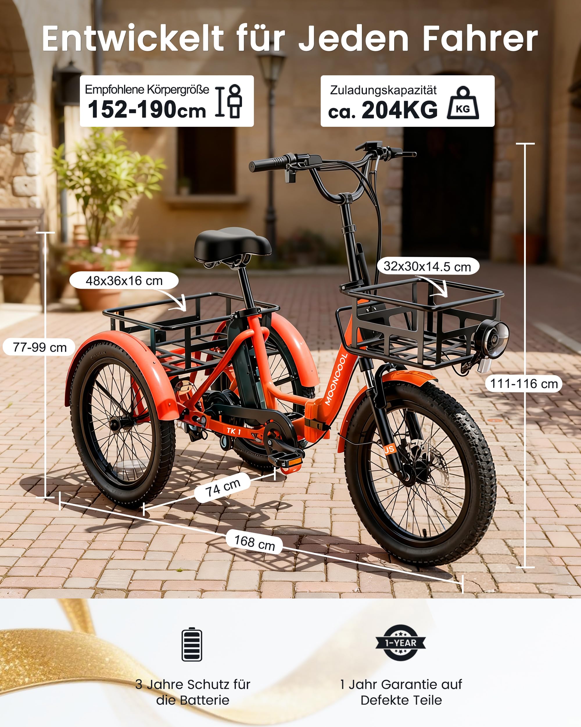 MOONCOOL E Bike Klapprad, 20" Elektrofahrräder für Herren Damen, 36V 20AH Akku, 250W Motor 45 Nm, LCD-Display, IP65 Wasserdicht, 3 Fahrmodi, mit Großen Körben & Fußstützen