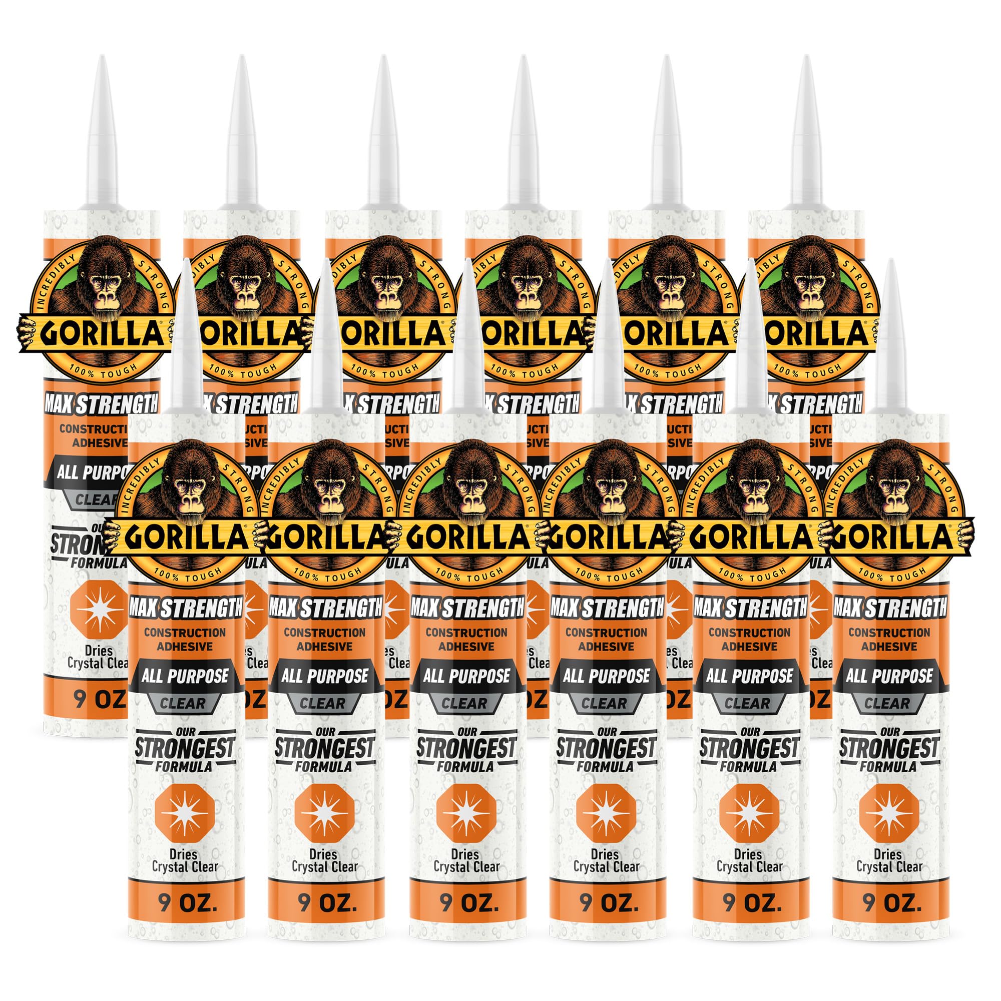 Gorilla Max Strength Construction Adhesive, Clear Glue, 9 Ounce Cartridge (Pack of 12) - Gap Filling and Waterproof