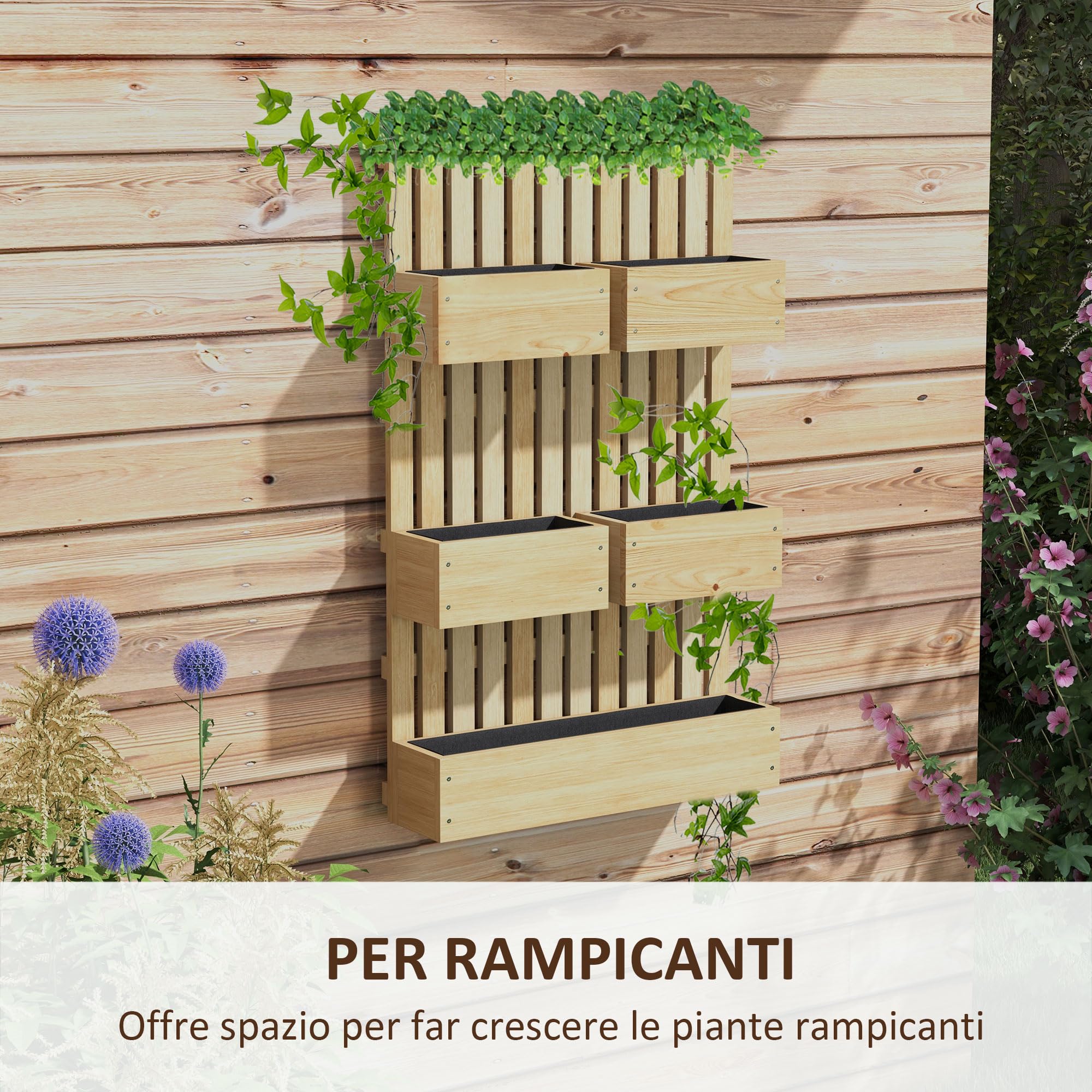 Outsunny Fioriera con Grigliato per Rampicanti, Fori di Drenaggio e Fodera in Tessuto non Tessuto, Fioriera in Legno di Abete Rialzata, 60x16x100 cm, color Legno