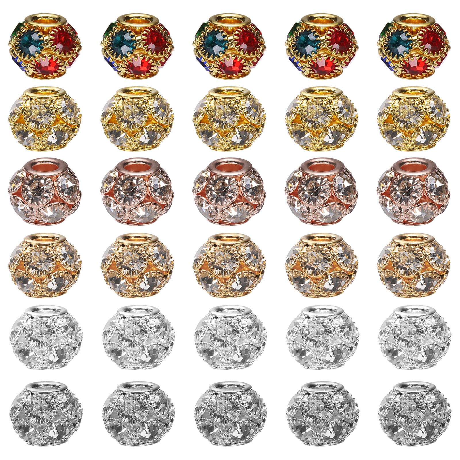 sourcing map 30Pcs Rhinestone Rondelle Spacer Beads, 12mm European Crystal Charm Craft Bead for Bracelet Making Necklace DIY Craft, 6 Colors